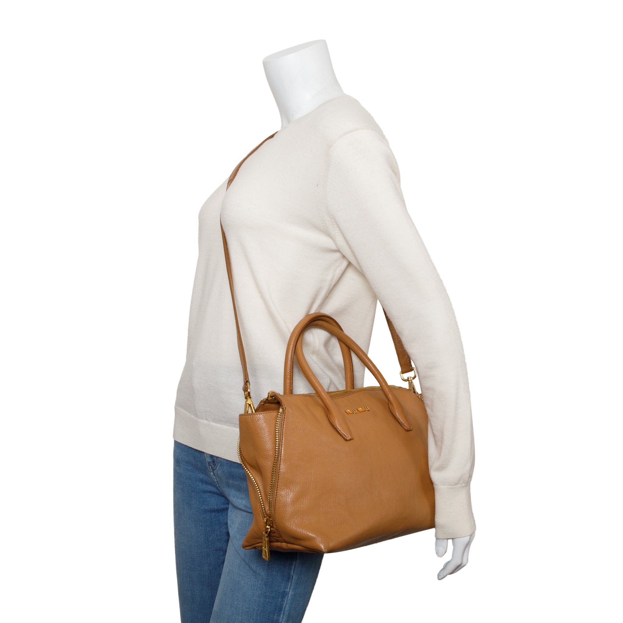 Miu Miu Brown Leather Madras Bauletto Handle Bag w/ Strap