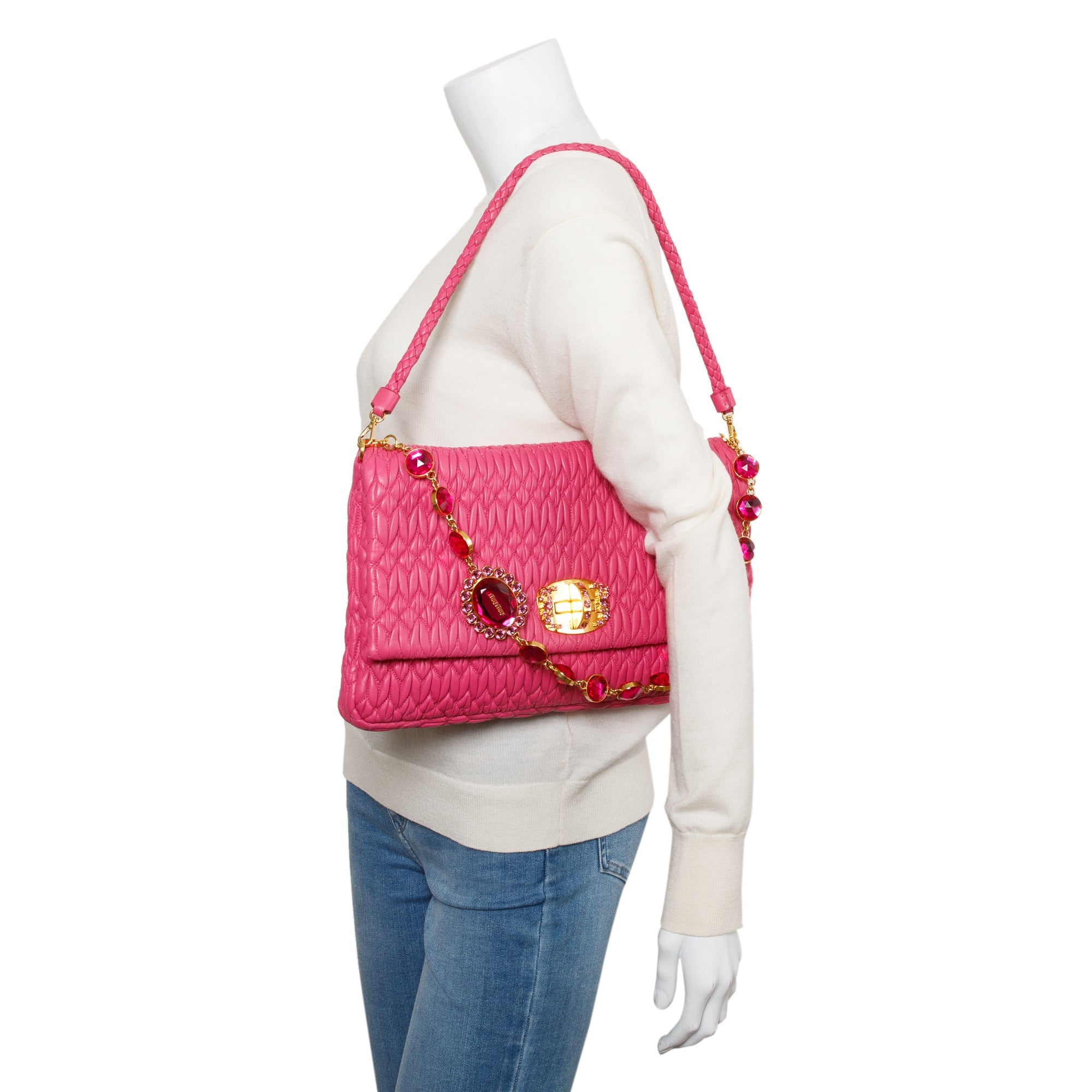 Miu Miu Pink Nappa Iconic Crystal Cloque Flap Shoulder Bag w/ Strap & Authenticity card