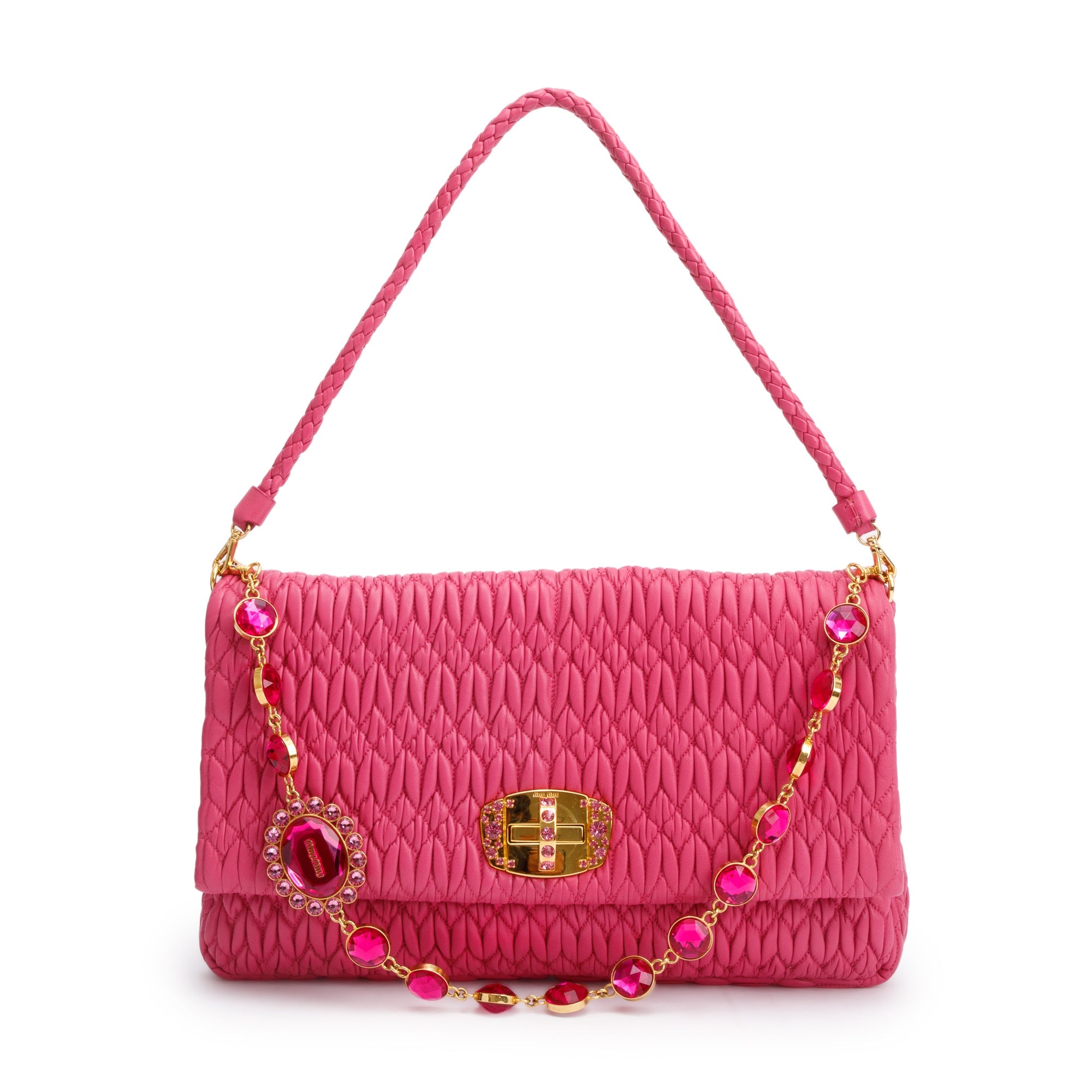 Miu Miu Pink Nappa Iconic Crystal Cloque Flap Shoulder Bag w/ Strap & Authenticity card