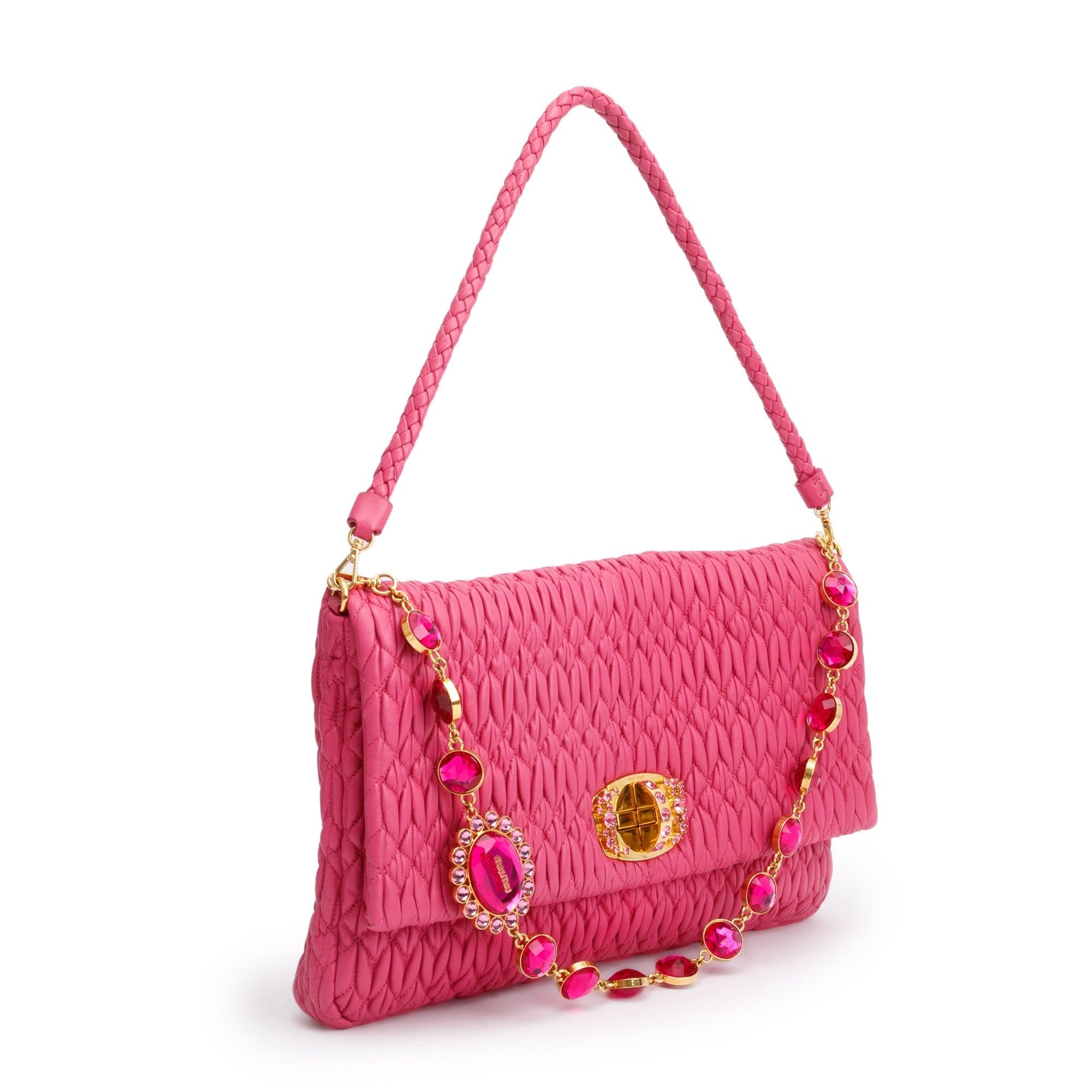 Miu Miu Pink Nappa Iconic Crystal Cloque Flap Shoulder Bag w/ Strap & Authenticity card