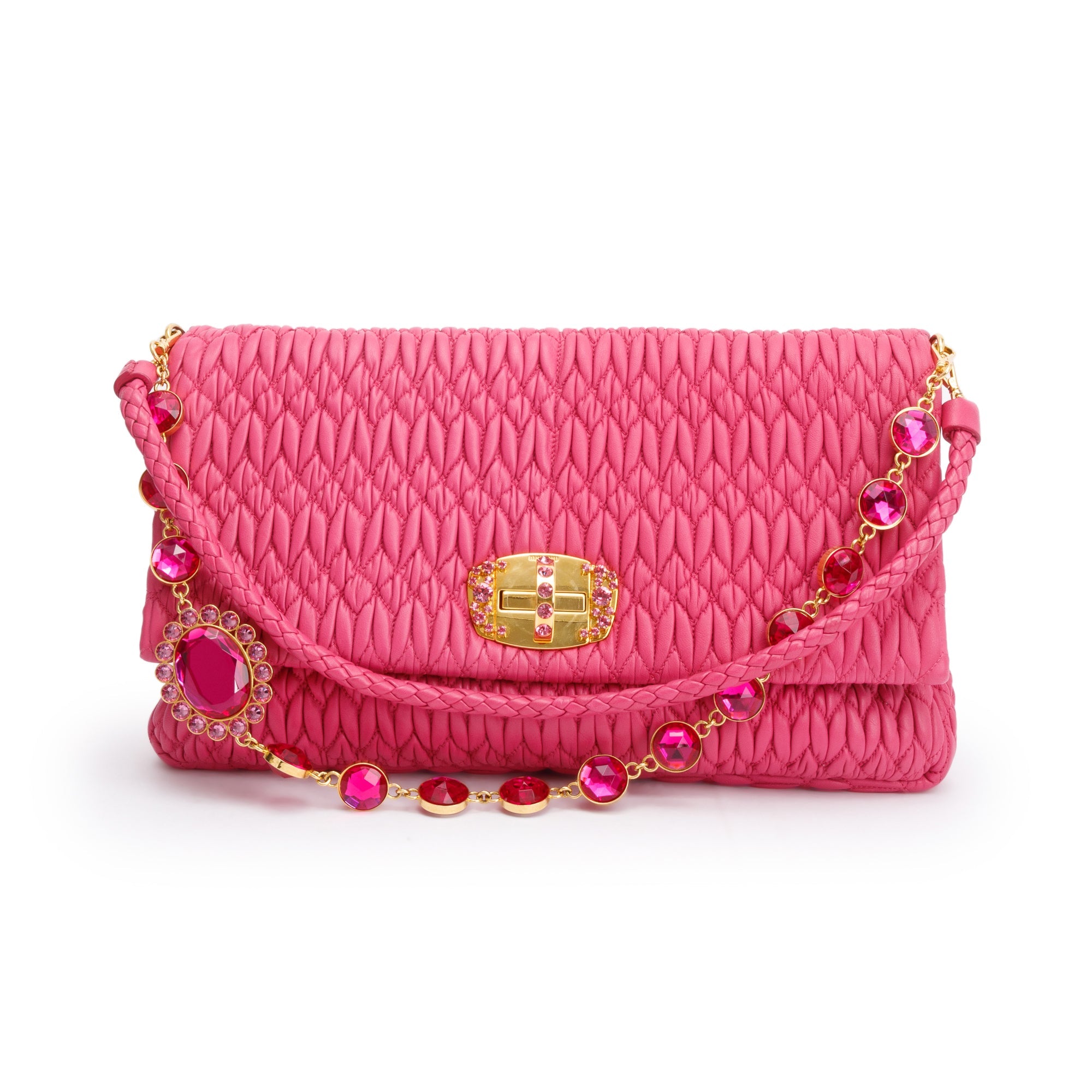 Miu Miu Pink Nappa Iconic Crystal Cloque Flap Shoulder Bag w/ Strap & Authenticity card