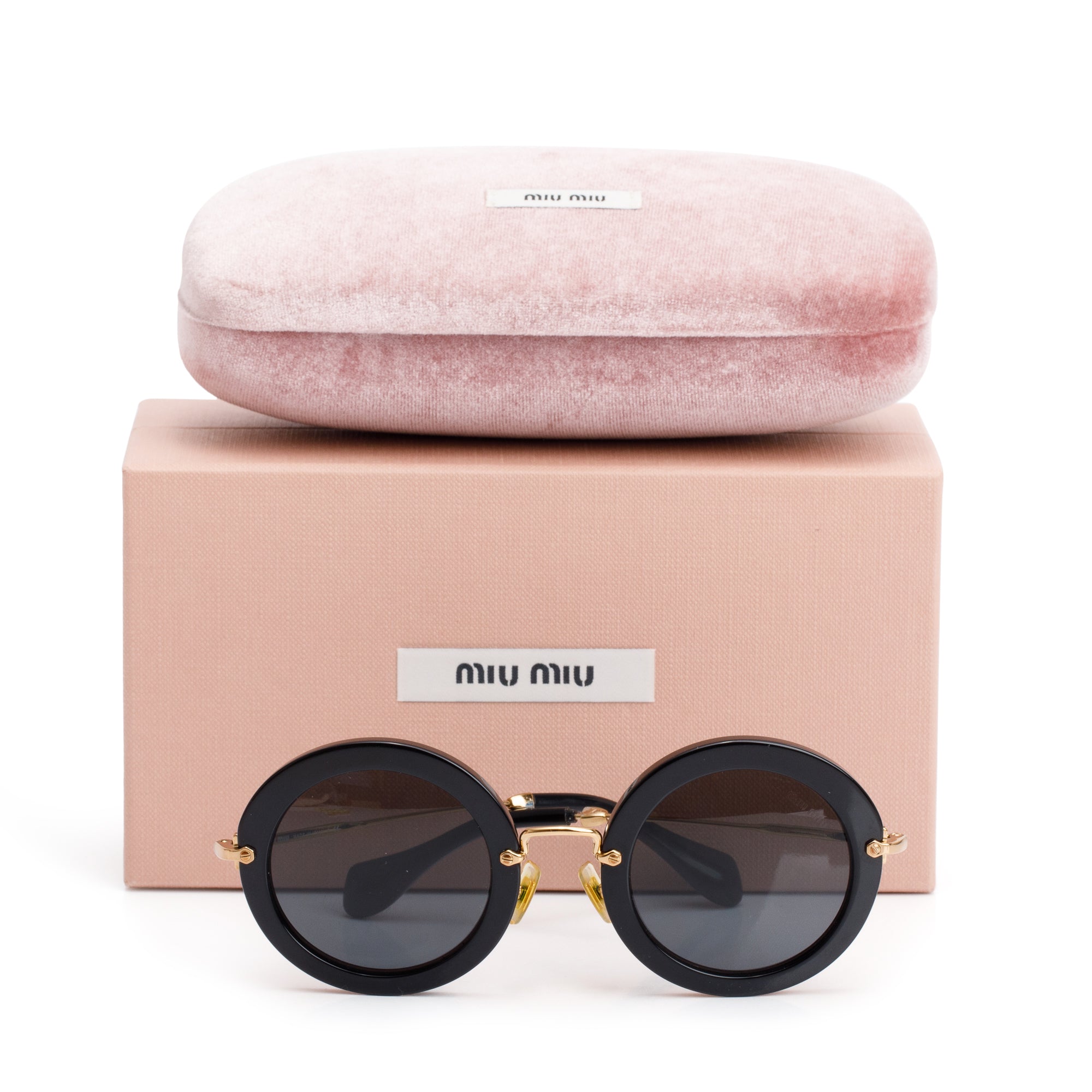 Miu Miu SMU 13N Black Acetate Round Sunglasses w/ Box & Case
