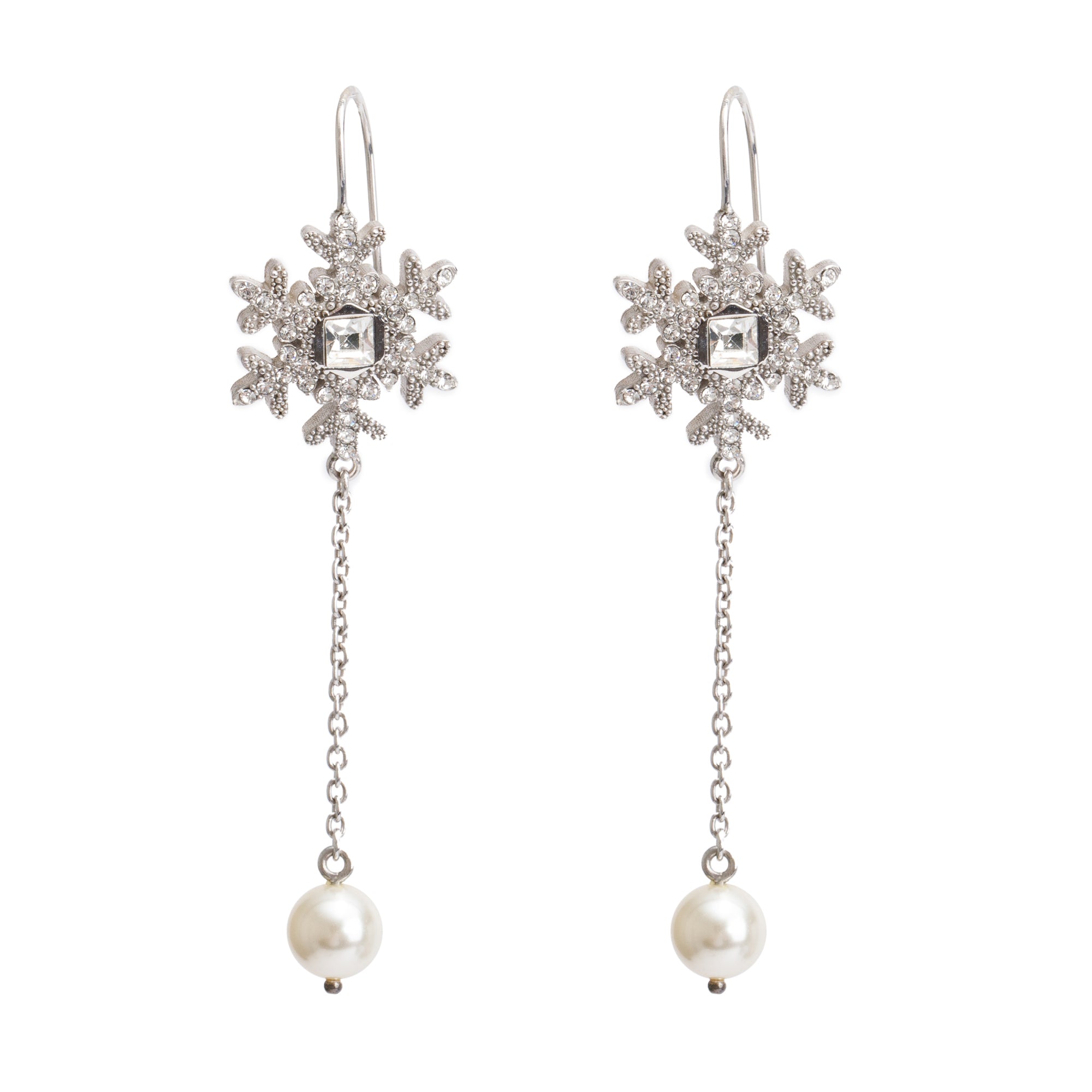 Miu Miu Sterling Silver Faux Pearl & Crystal Snowflake Drop Earrings w/ Box