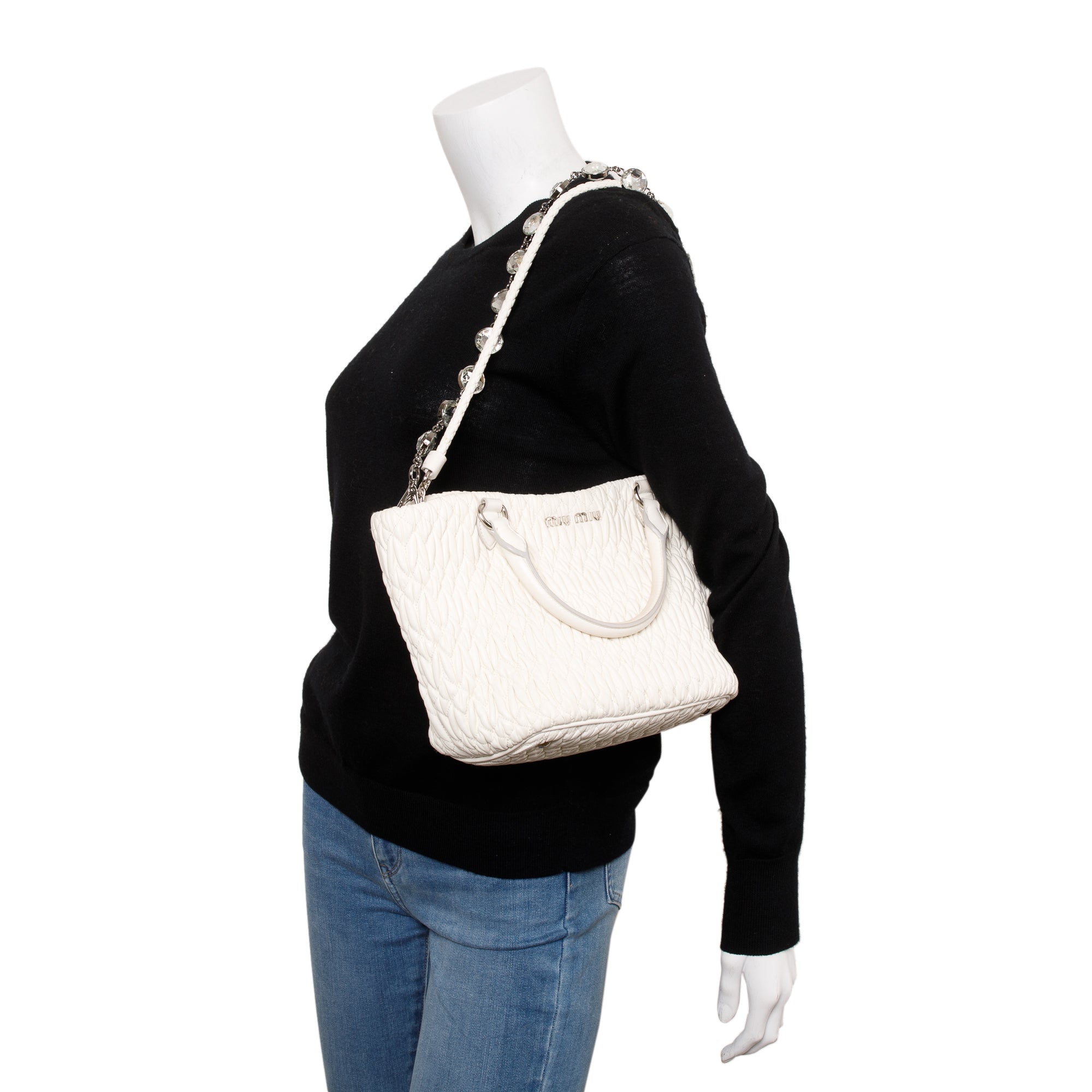 Miu Miu White Nappa Iconic Crystal Cloque Tote Bag w/ Authenticity Card