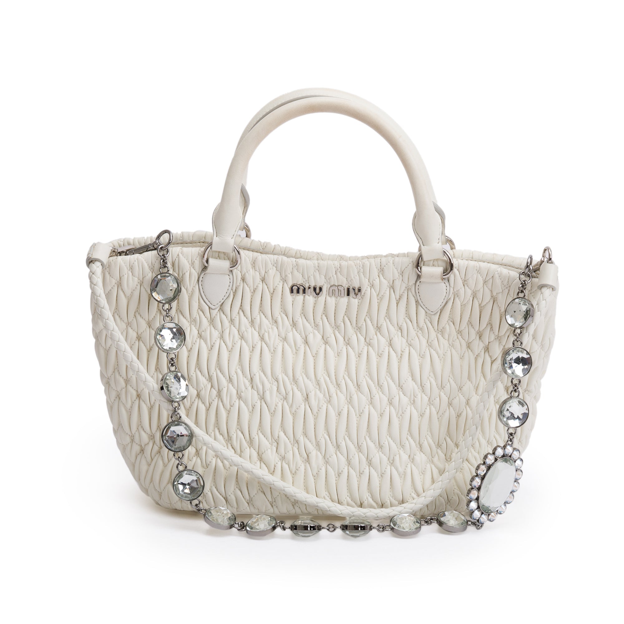 Miu Miu White Nappa Iconic Crystal Cloque Tote Bag w/ Authenticity Card