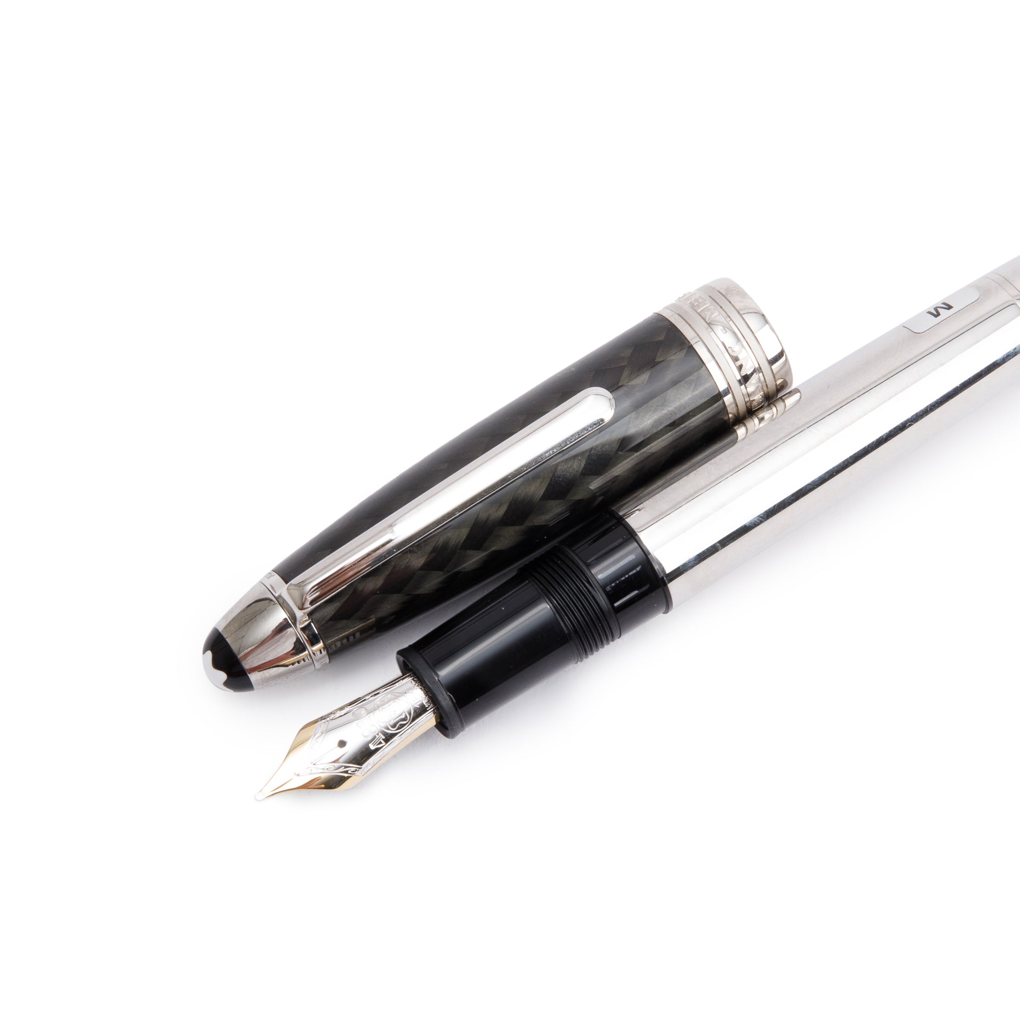 Montblanc Carbon & Platinum Coated Steel Meisterstuck Solitaire Fountain Pen w/ Box & Ink