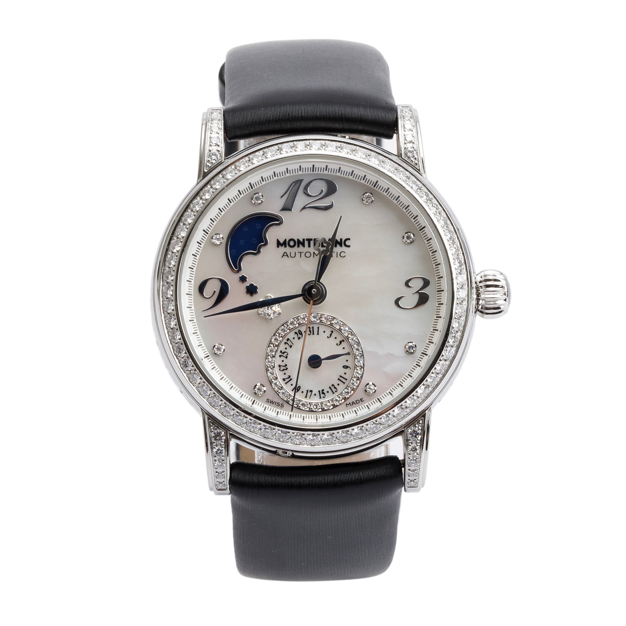 Montblanc Stainless Steel Star Diamond Bezel Mother of Pearl Diamond Dial 36 MM Automatic Moonphase Watch 7109