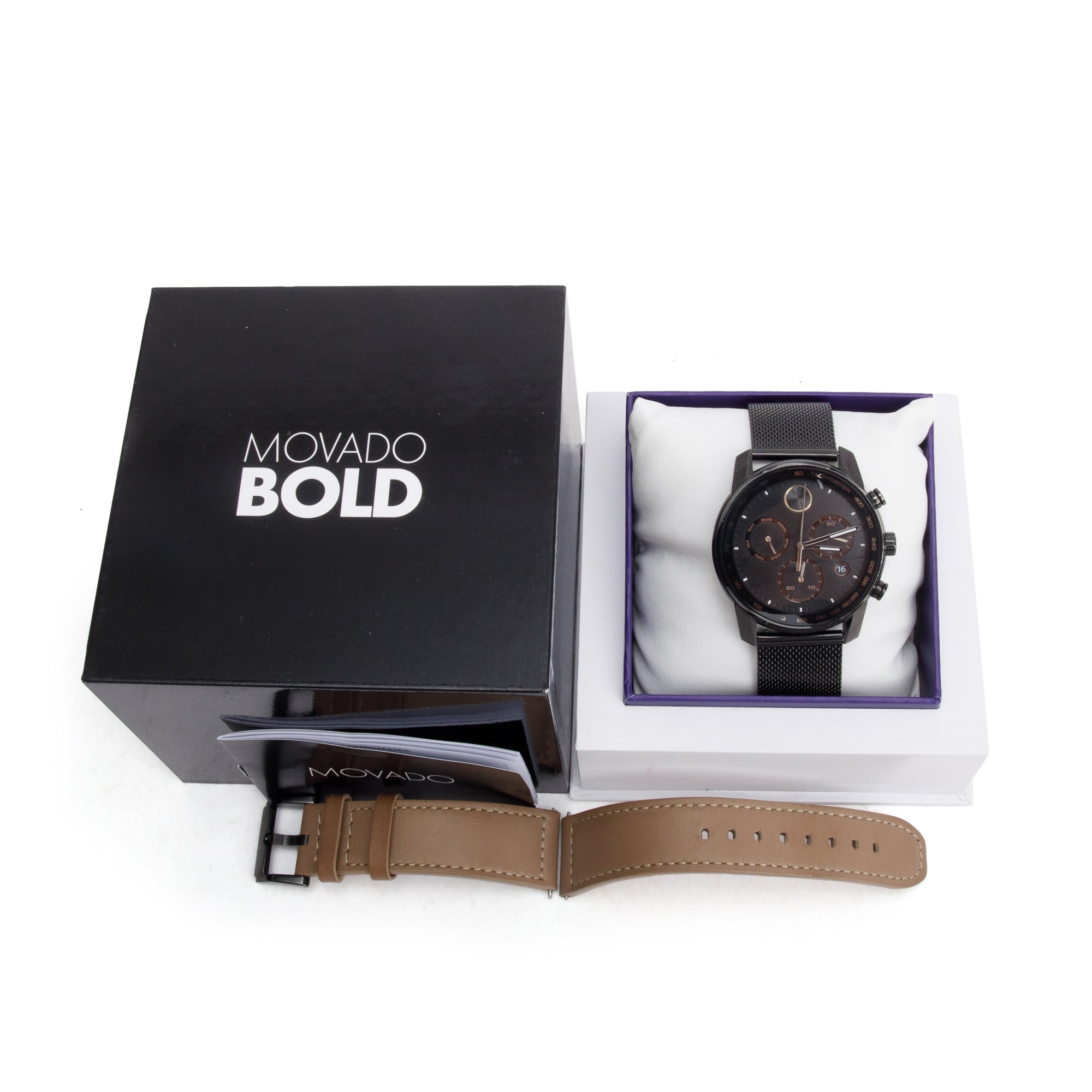 Movado Black PVD Plated Stainless Steel Bold 44 MM Chronograph Quartz Watch w/ Box & Extra Strap