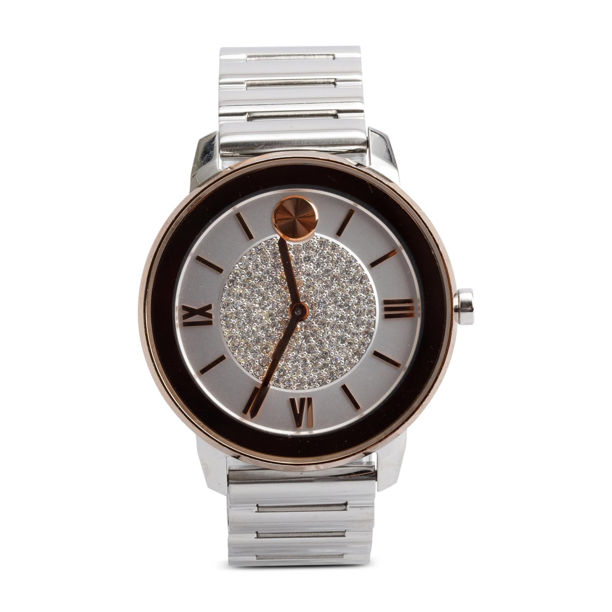 Movado Rose Gold Plated & Stainless Steel Bold 32 MM Pave Dial Quartz Watch