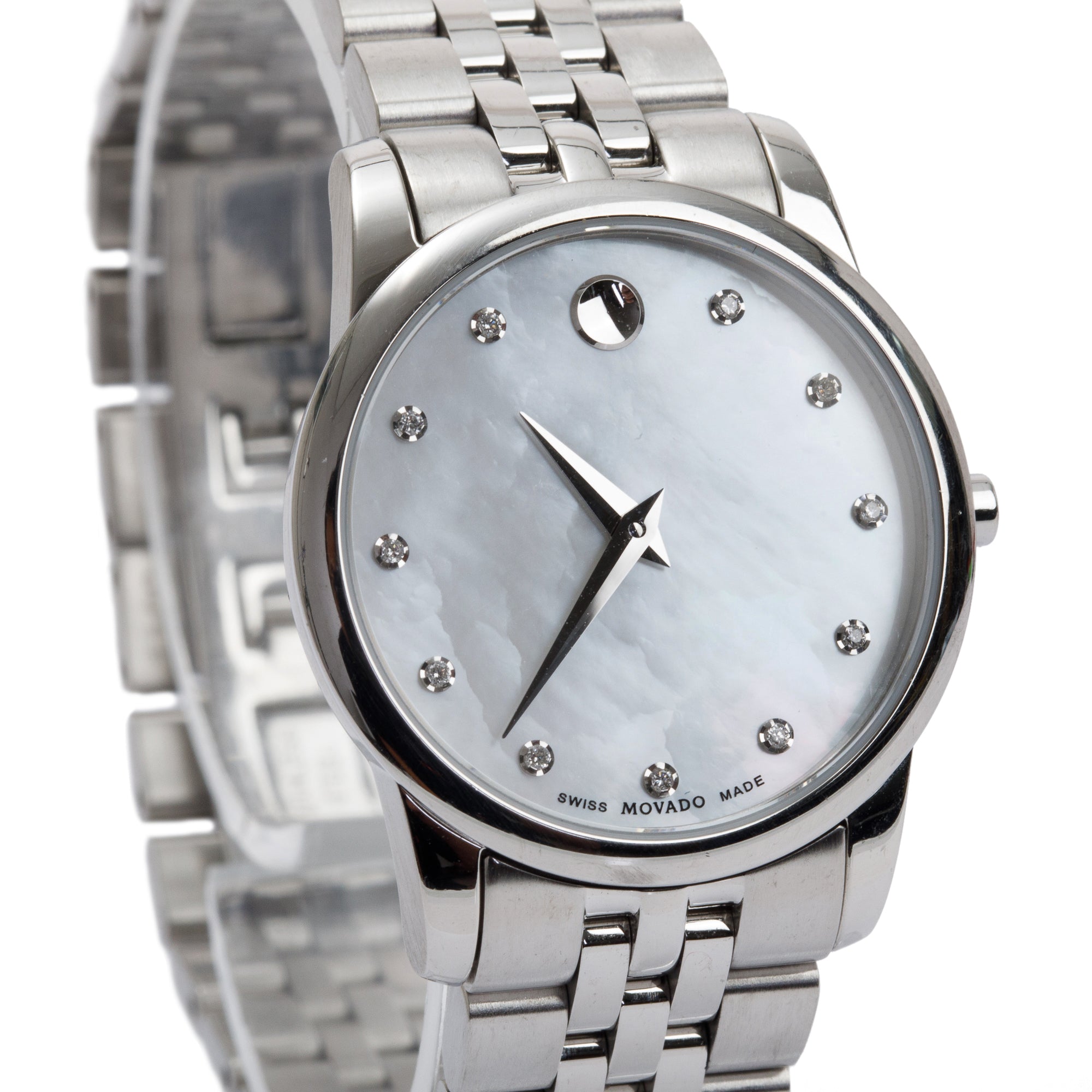 Movado Stainless Steel Museum 28 MM Watch w/ Mother of Pearl Diamond Dial w/ Box & Papers