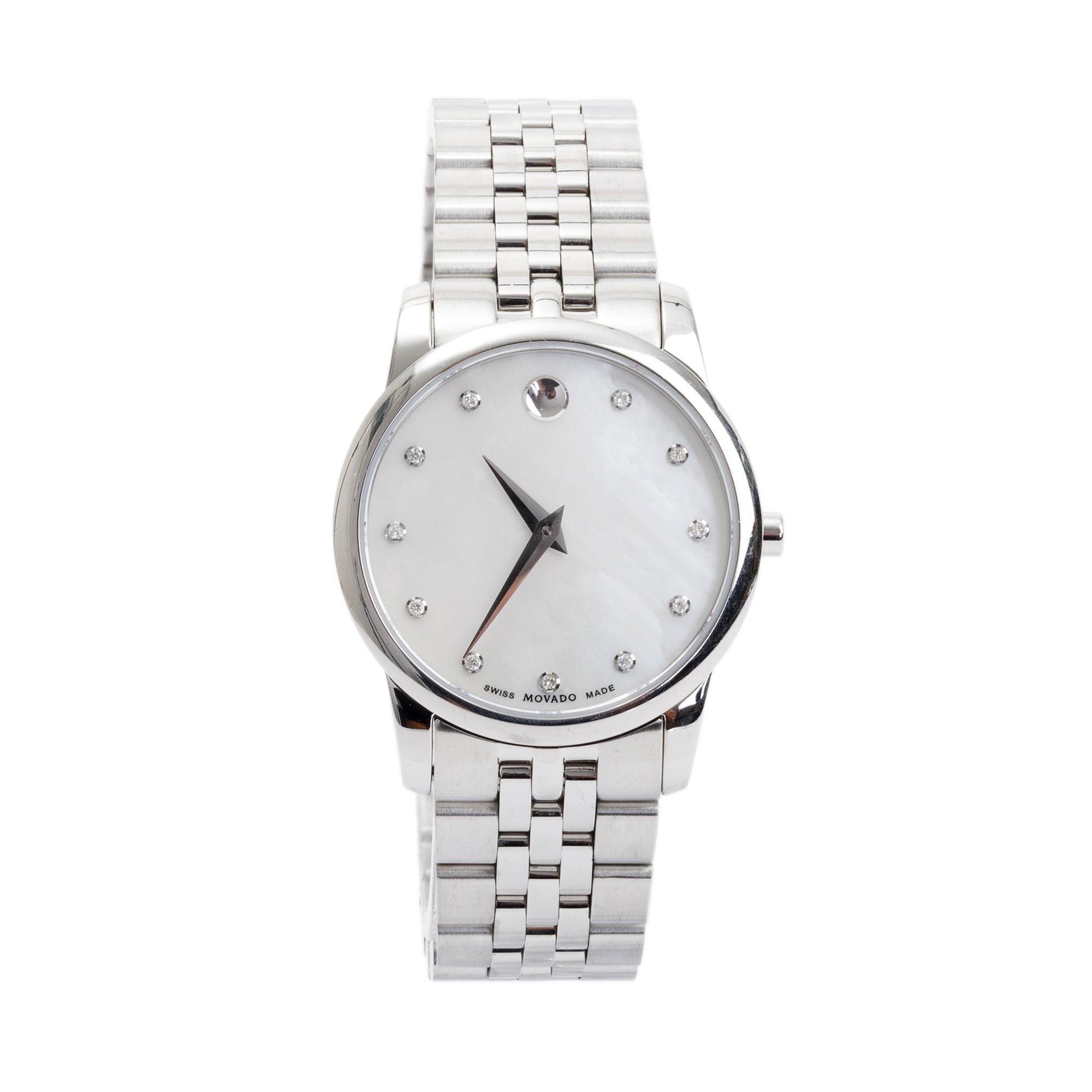 Movado Stainless Steel Museum 28 MM Watch w/ Mother of Pearl Diamond Dial w/ Box & Papers