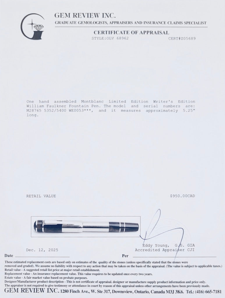 Montblanc Limited Edition Writer's Edition William Faulkner Fountain Pen w/ Box & Papers
