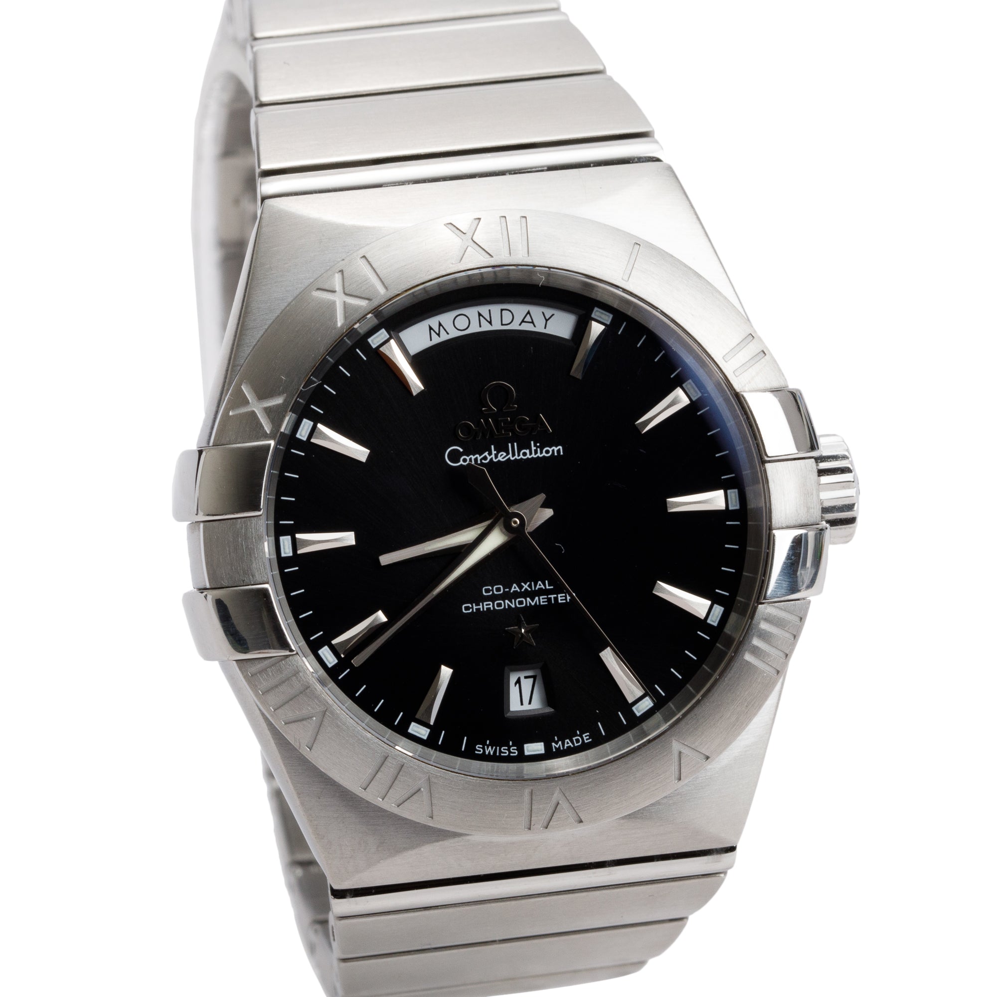 Omega Stainless Steel Constellation Day-Date 38 MM Co-Axial Chronometer Automatic Watch Black Dial w/ Box & Papers