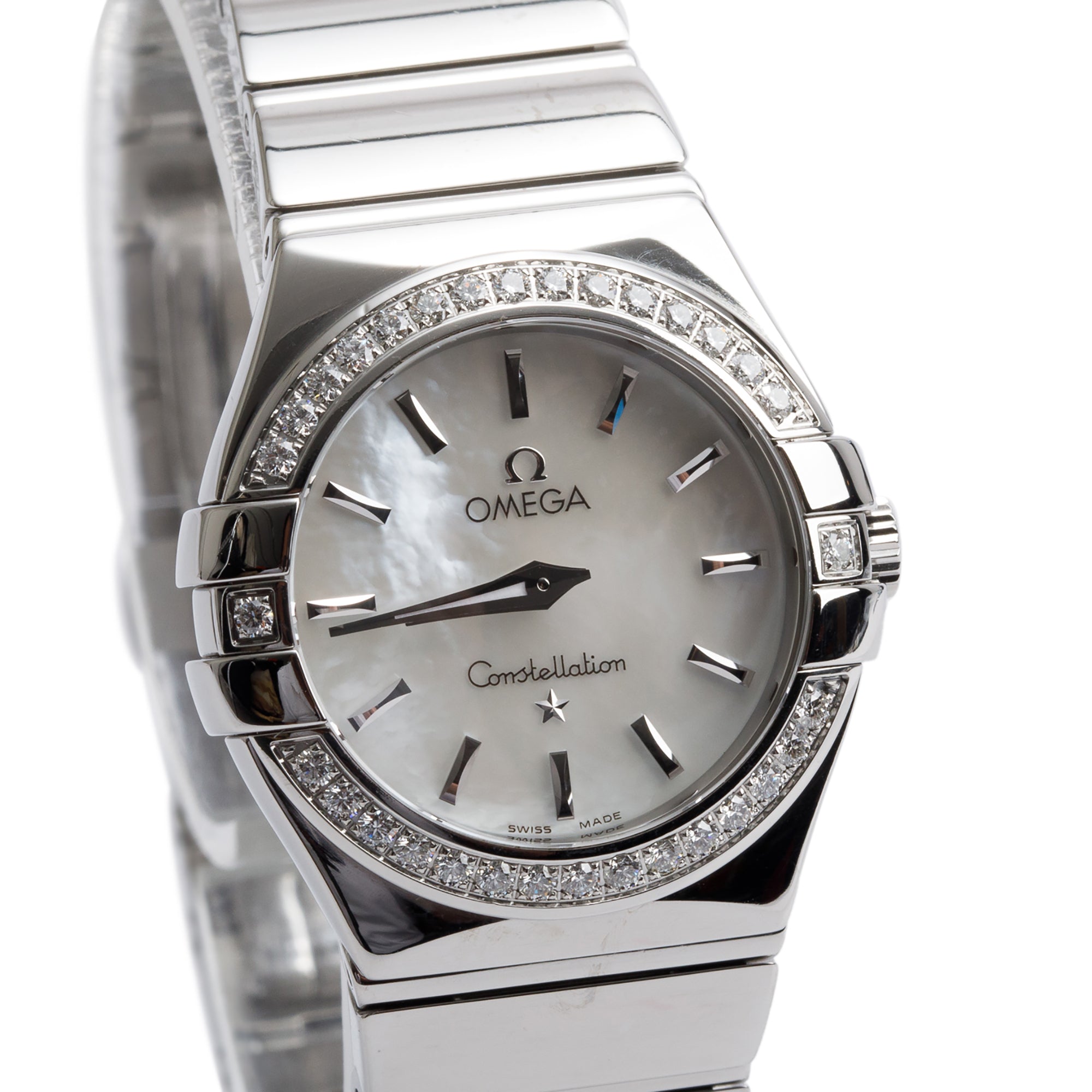 Omega Stainless Steel Diamond Bezel & Mother of Pearl Dial Constellation 27 MM Quartz Watch w/ Papers