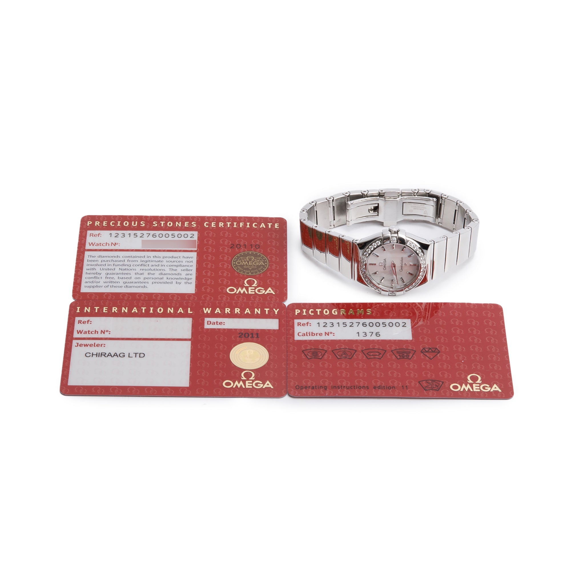 Omega Stainless Steel Diamond Bezel & Mother of Pearl Dial Constellation 27 MM Quartz Watch w/ Papers