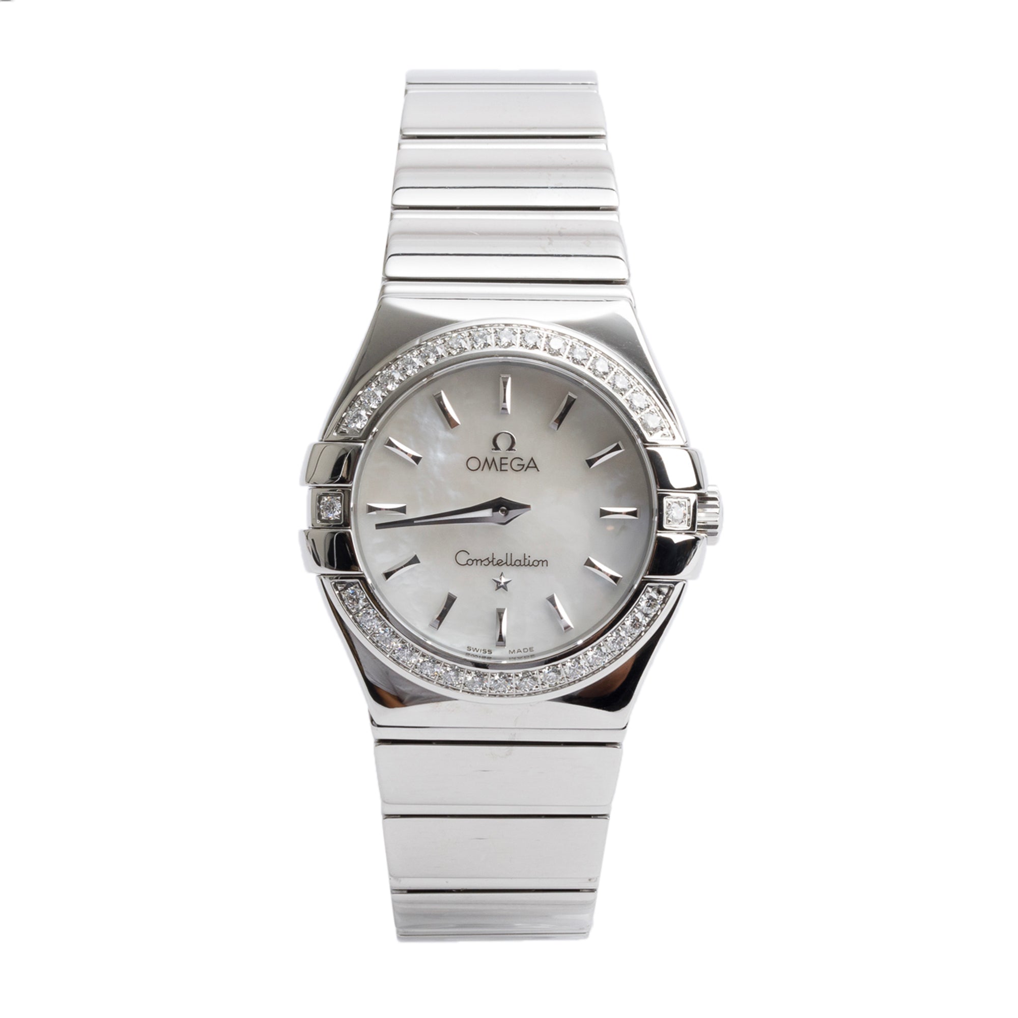 Omega Stainless Steel Diamond Bezel & Mother of Pearl Dial Constellation 27 MM Quartz Watch w/ Papers