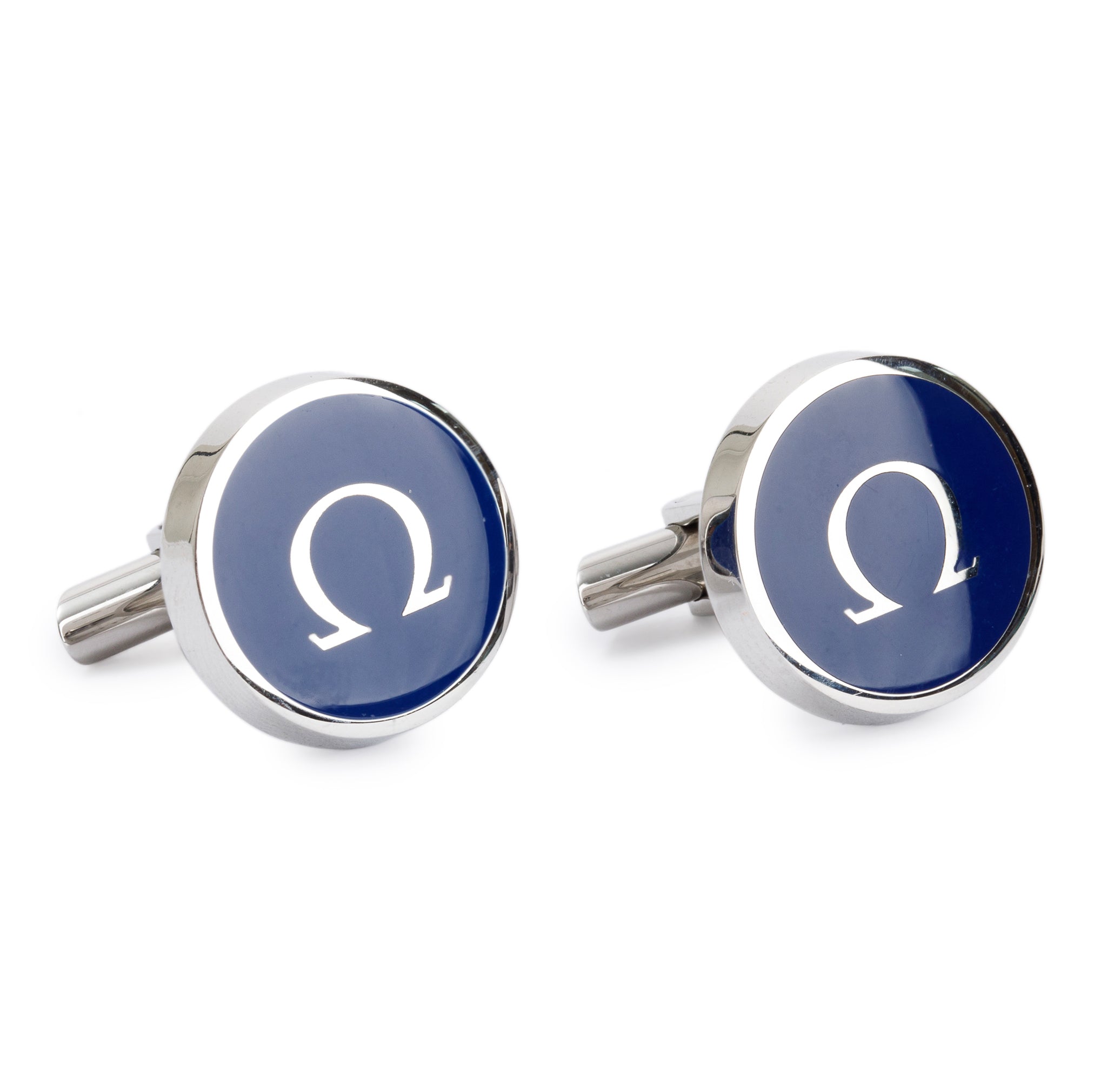 Omega Stainless Steel & Prussian Blue Resin Cufflinks w/ Box & Certificate