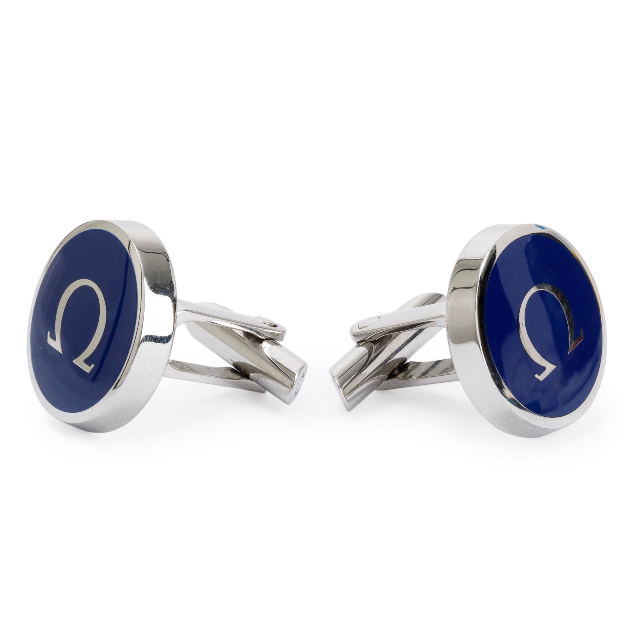 Omega Stainless Steel & Prussian Blue Resin Cufflinks w/ Box & Certificate