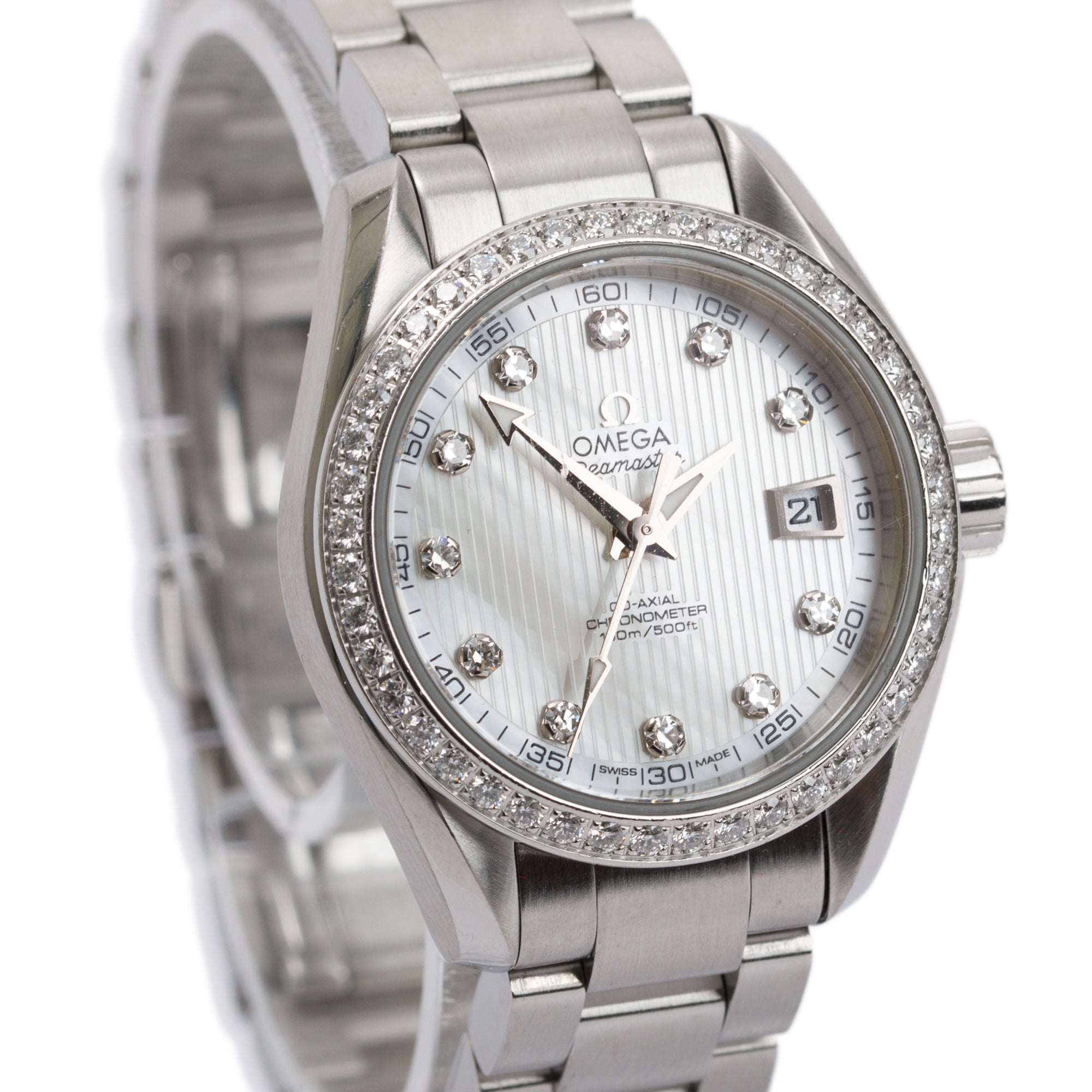 Omega Stainless Steel Seamaster Aqua Terra 150M Chronometer Diamond Bezel 30MM Automatic Watch w/ Box & Papers