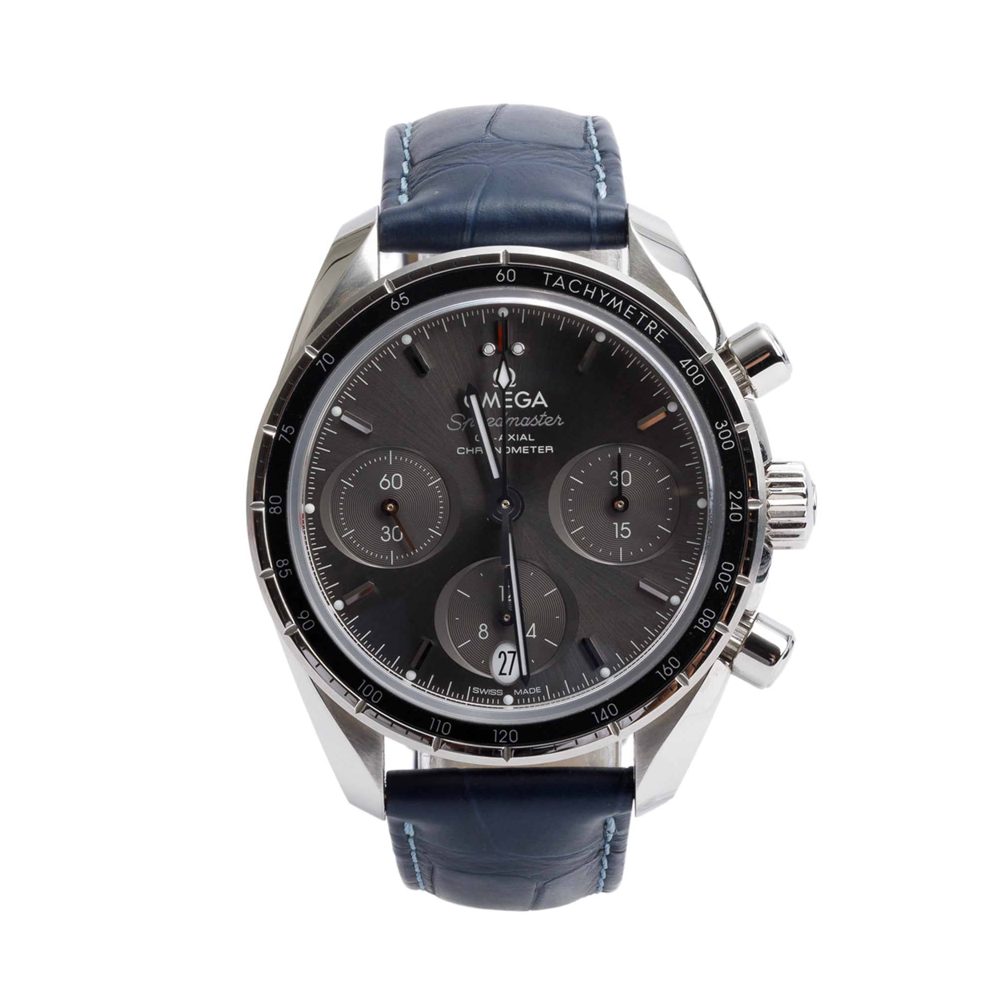 Omega Stainless Steel Speedmaster 38 MM Co-Axial Chronometer Chronograph Automatic Watch w/ Pouch, Papers & Extra Strap