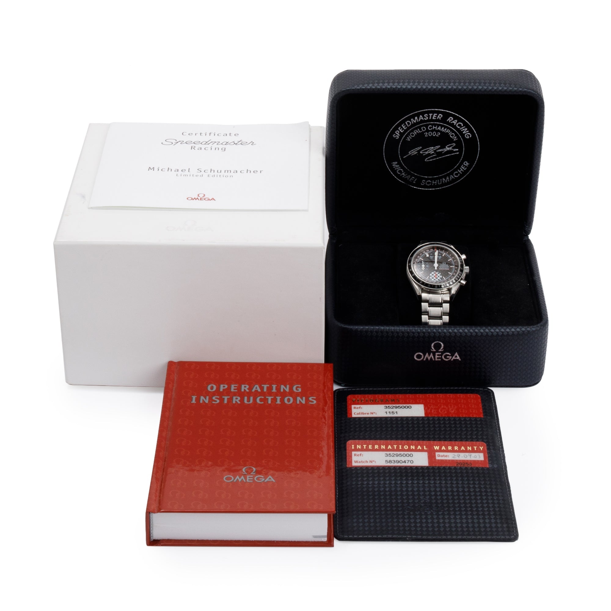 Omega Stainless Steel Speedmaster Day Date Schumacher Carbon Fibre Dial 39MM Automatic Chronograph Watch w/ Box & Papers