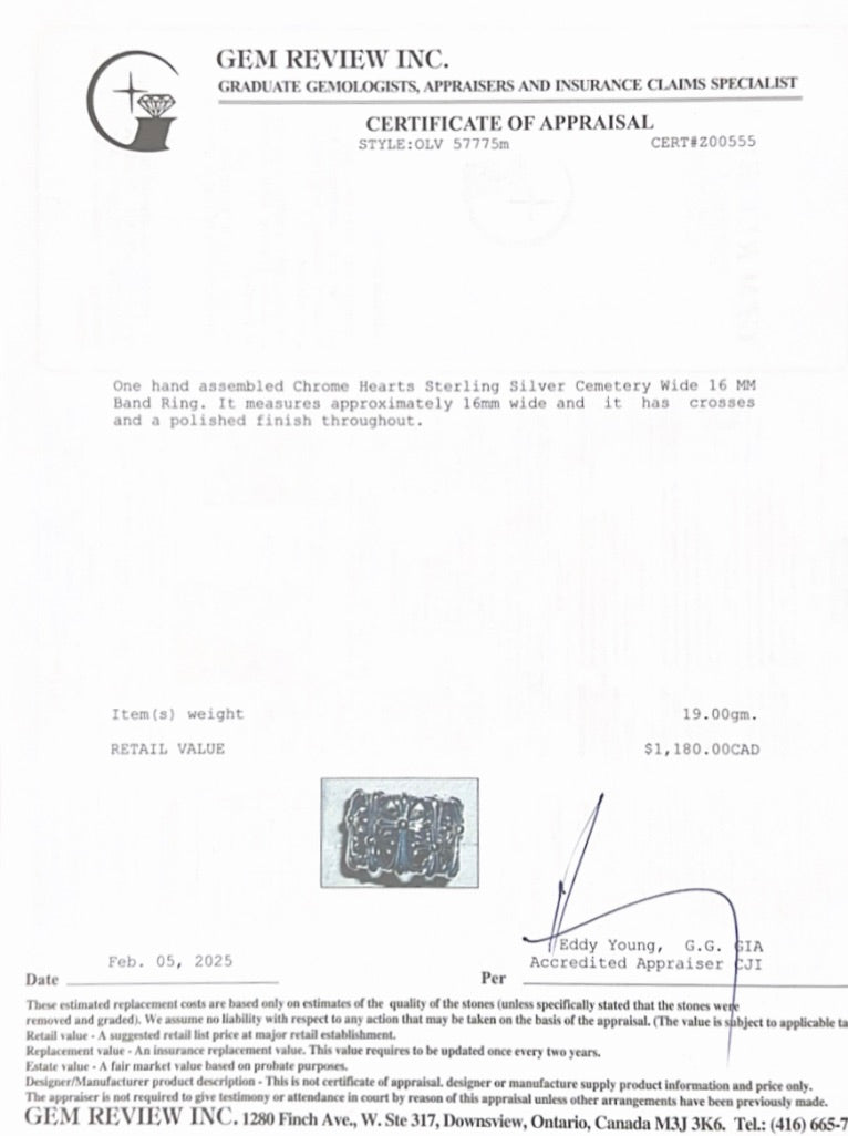 Chrome Hearts Sterling Silver Cemetery Wide 16 MM Band Ring, Size 8