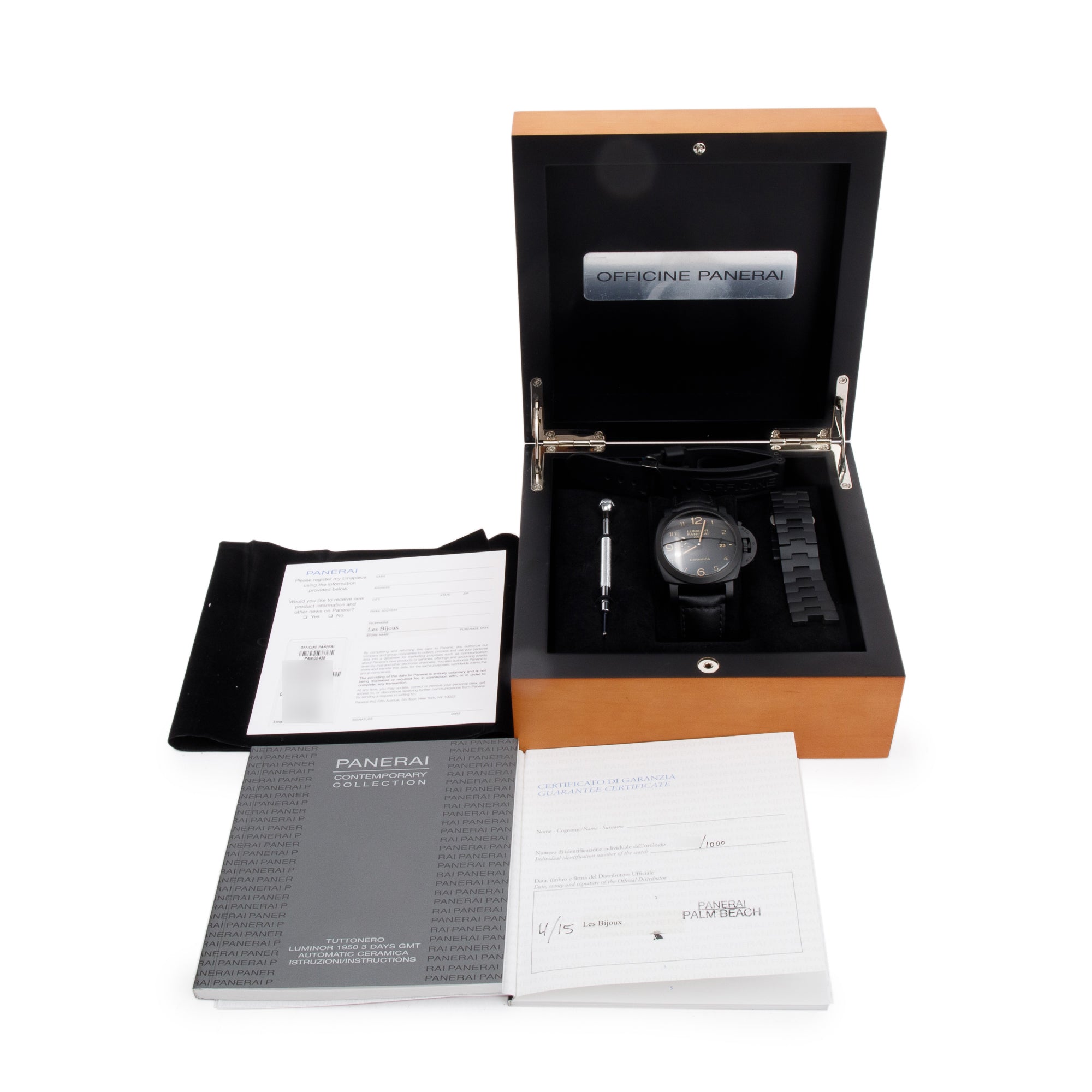 Panerai Black Ceramic Luminor 1950 3 Days PAM00438 44mm GMT Automatic Watch w/ Box & Papers