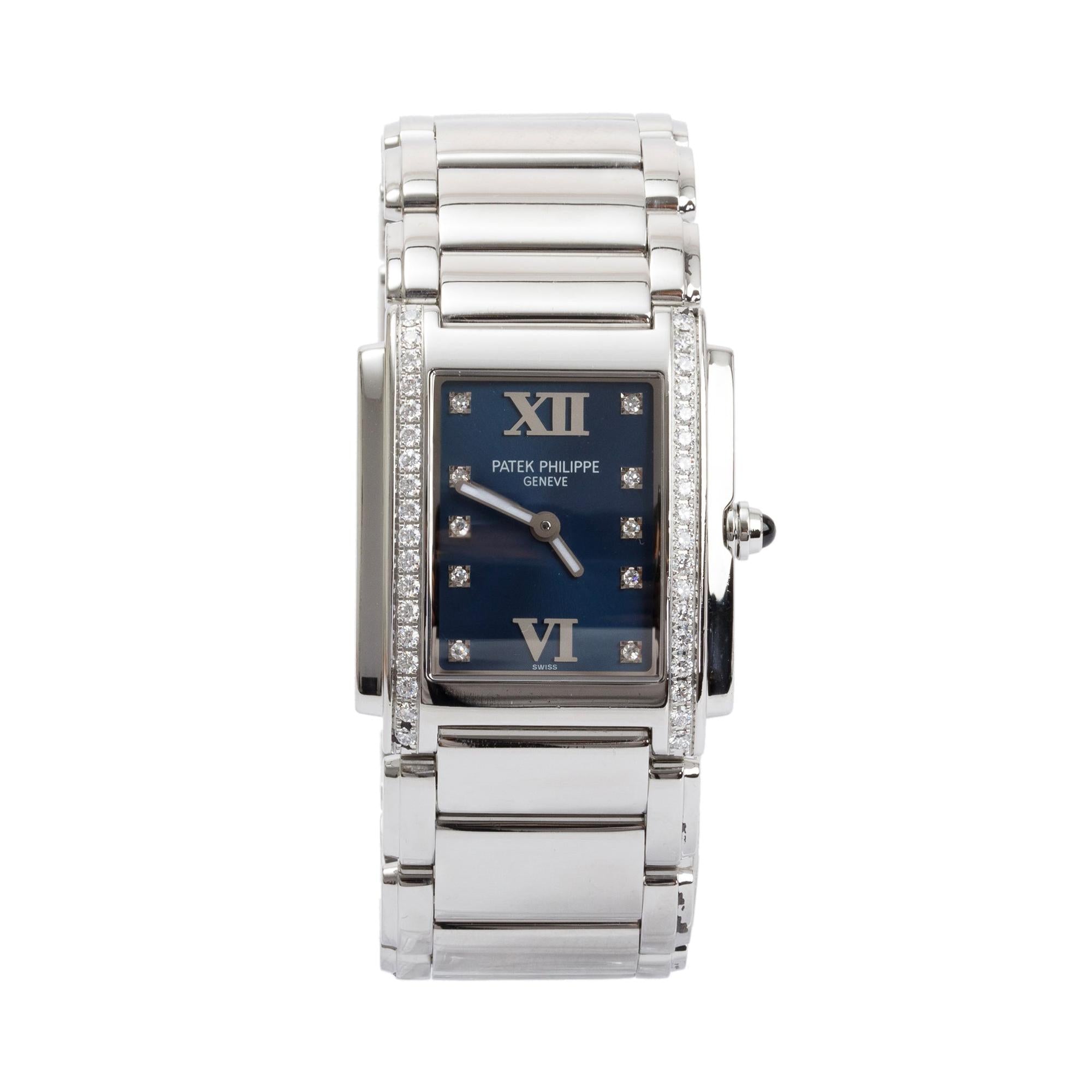 Patek Philippe Stainless Steel Twenty-4 Diamond Bezel Diamond Blue Dial Watch w/ Box
