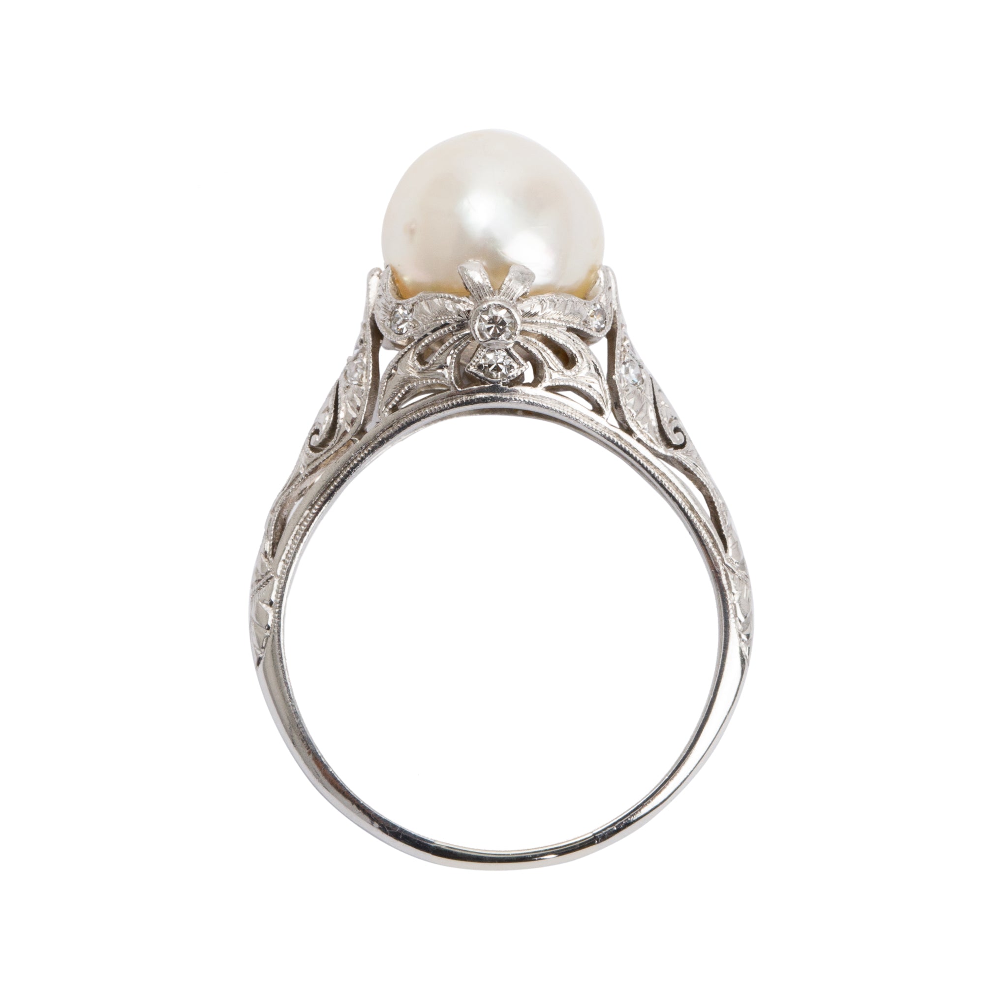 Platinum Pearl & Diamond Cocktail Ring, Size 8.25
