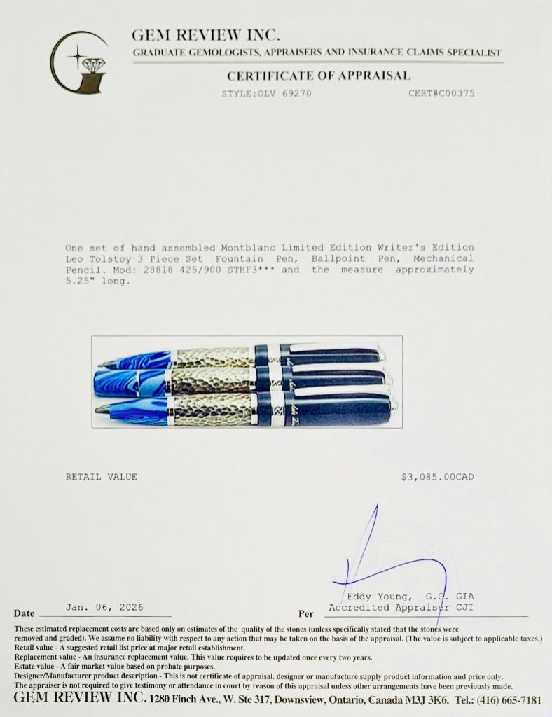 Montblanc Limited Edition Writer's Edition Leo Tolstoy 3 Piece Set Fountain Pen, Ballpoint Pen, Mechanical Pencil w/ Box, Books & Papers