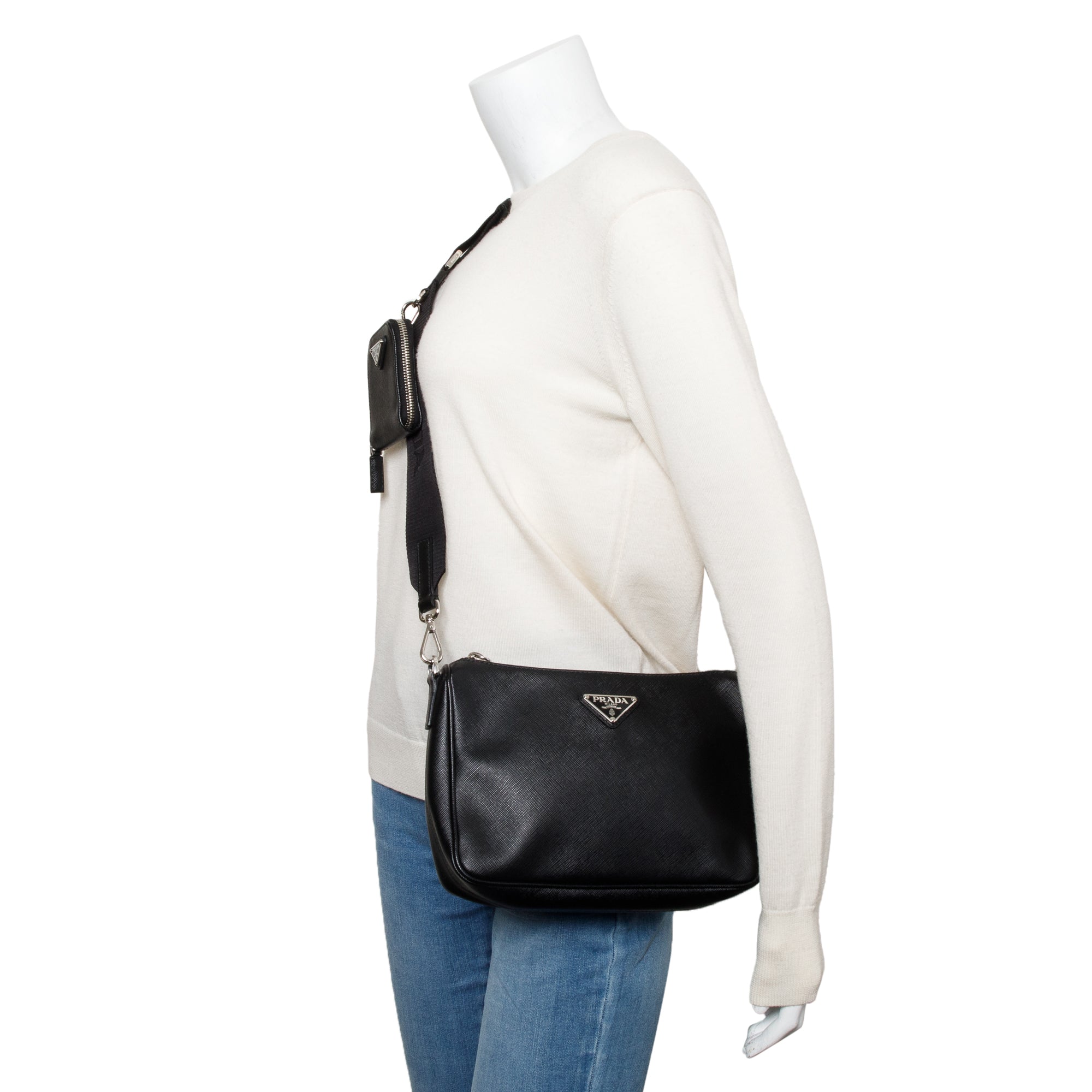 Prada 2020 Black Saffiano Travel Pocket Zippered Shoulder Bag w/ Authenticity Card