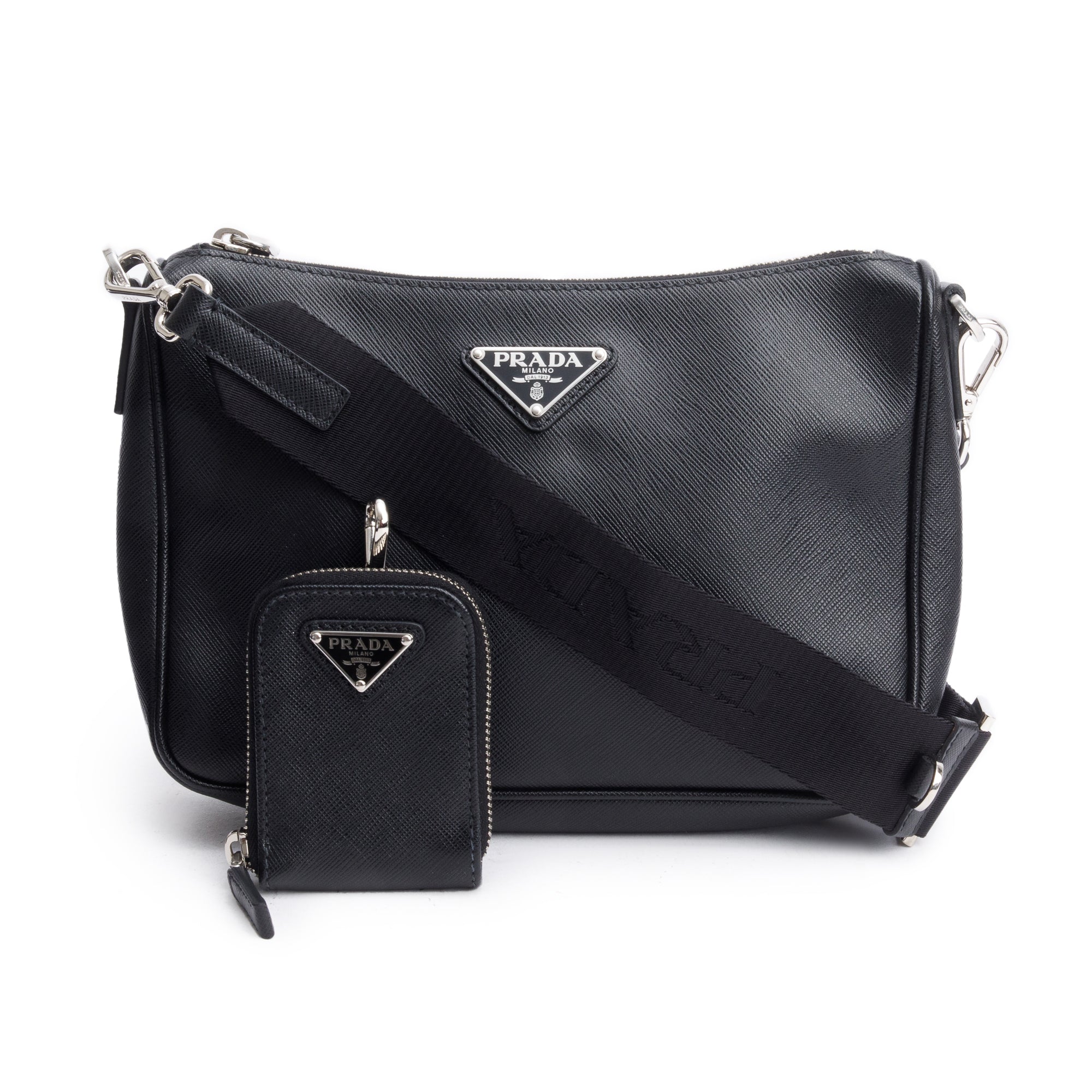 Prada 2020 Black Saffiano Travel Pocket Zippered Shoulder Bag w/ Authenticity Card