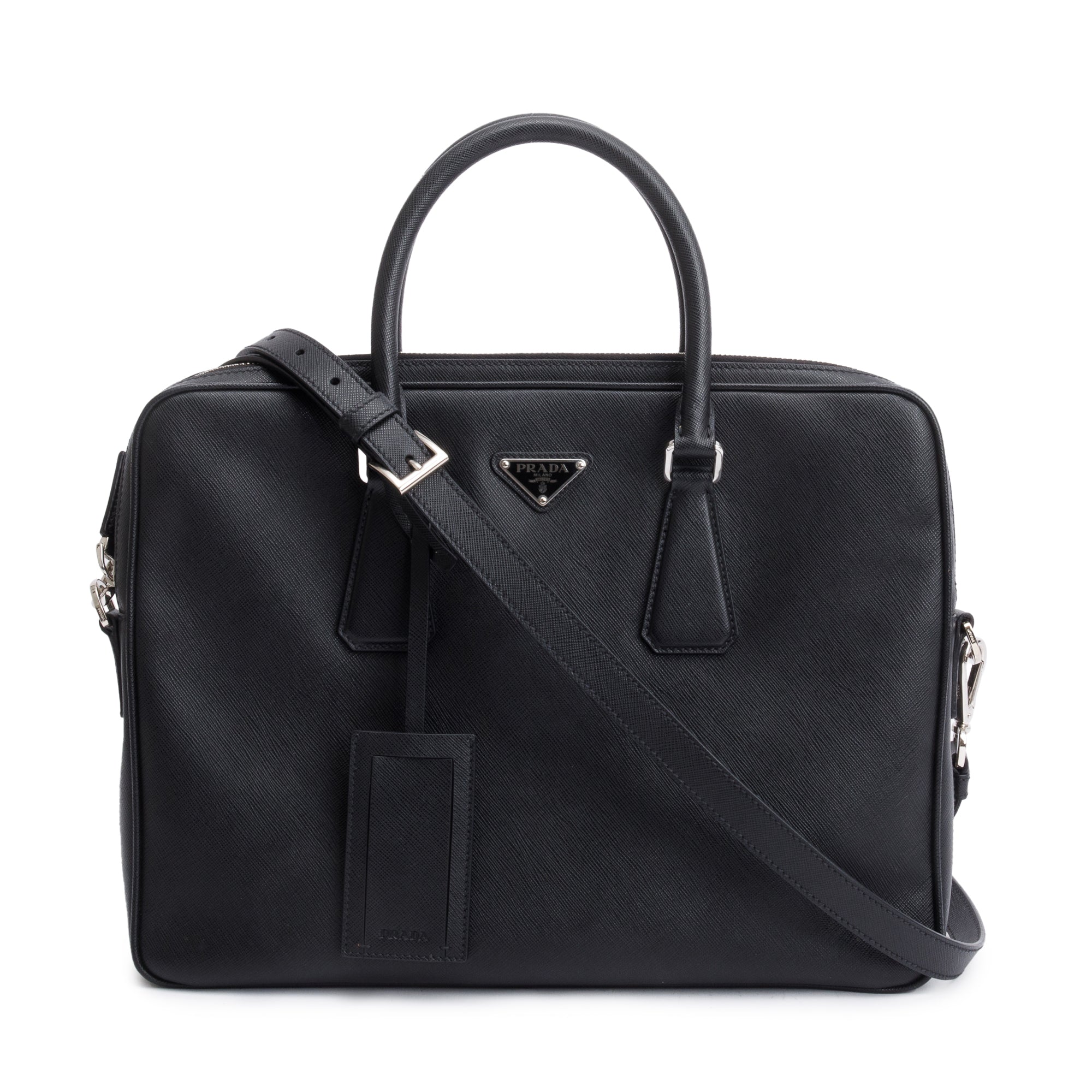 Prada 2021 Black Saffiano Travel Briefcase w/ Strap & Authenticity Card