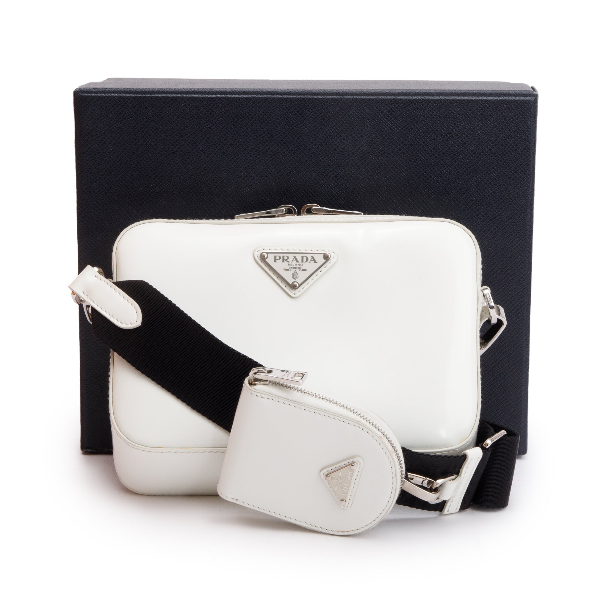 Prada 2021 White Spazzolato Leather Small Brique Crossbody Bag w/ Box & Authenticity Card