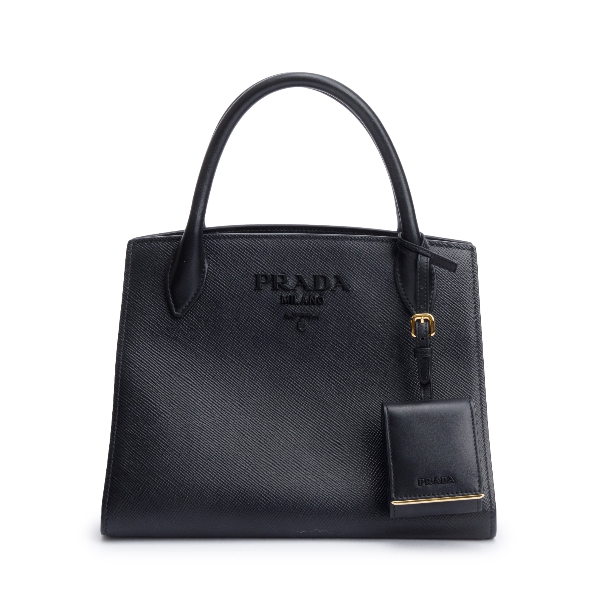 Prada 2022 Black Saffiano Cuir Small Monochrome Top Handle Tote w/ Strap & Authenticity Card