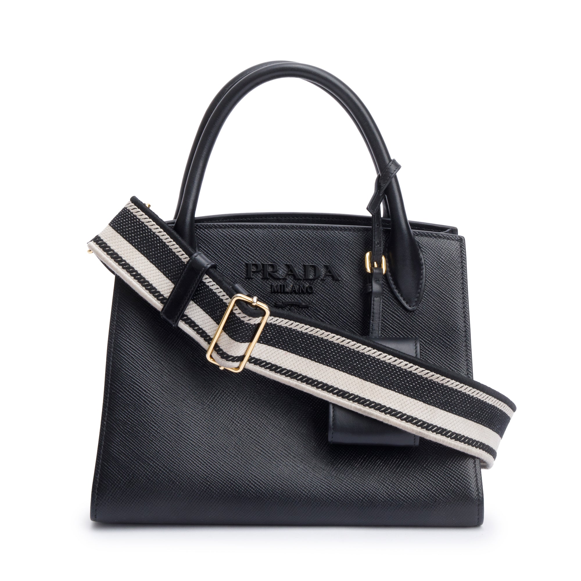 Prada 2022 Black Saffiano Cuir Small Monochrome Top Handle Tote w/ Strap & Authenticity Card