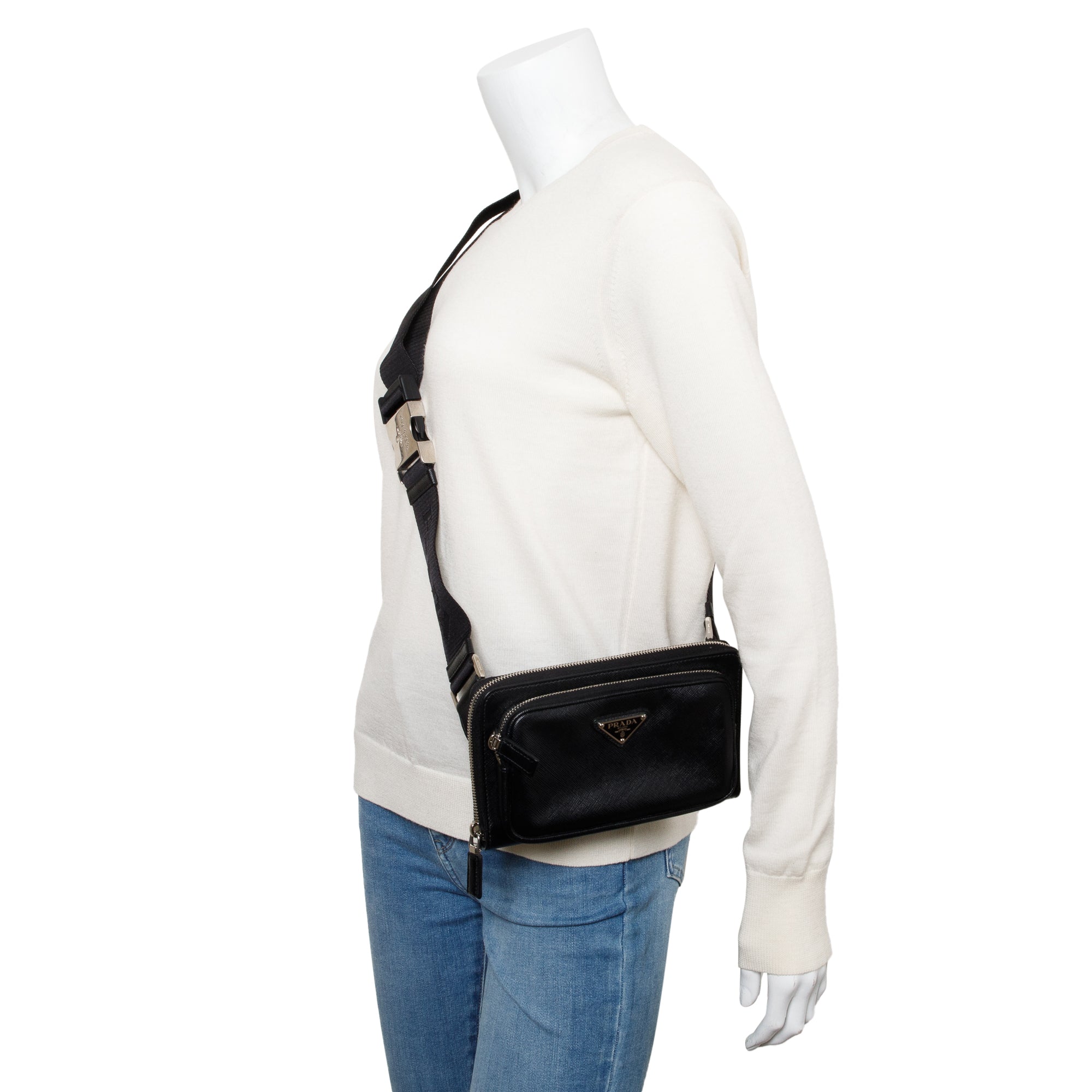 Prada 2022 Black Saffiano Travel Leather Belt Bag w/ Authenticity Card