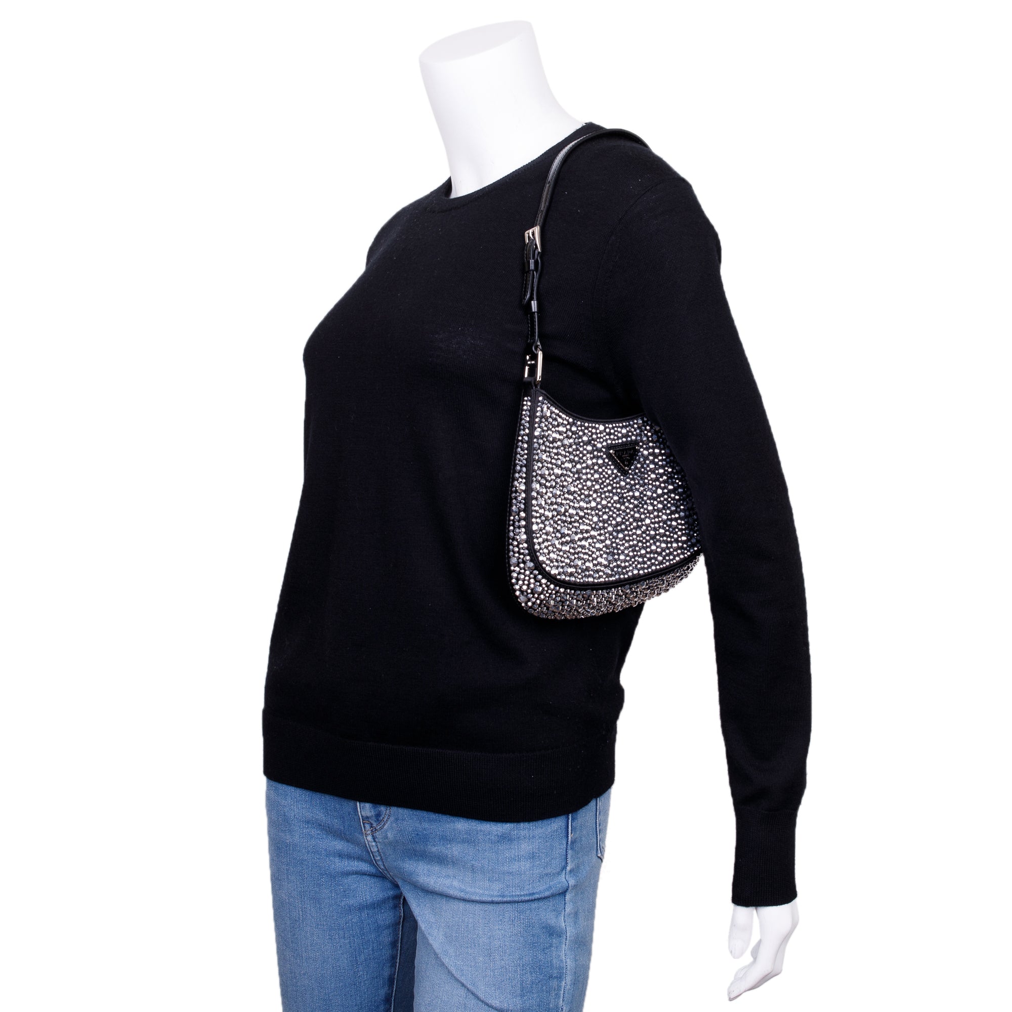 Prada 2022 Black Satin Crystal Cleo Shoulder Bag w/ Authenticity Card & Strap