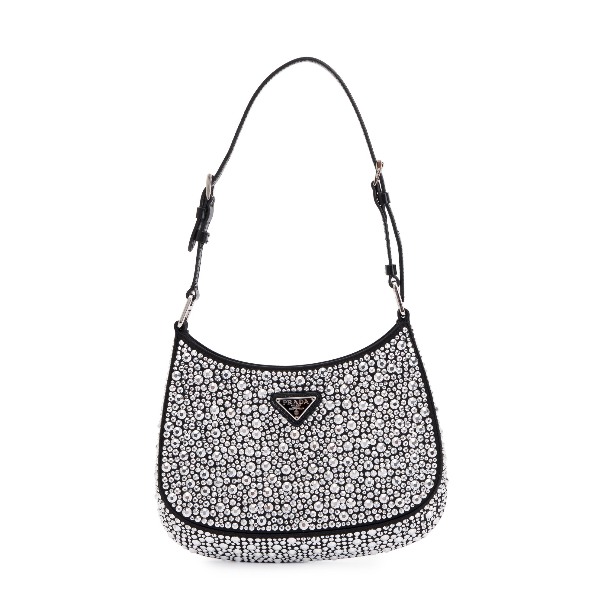 Prada 2022 Black Satin Crystal Cleo Shoulder Bag w/ Authenticity Card & Strap
