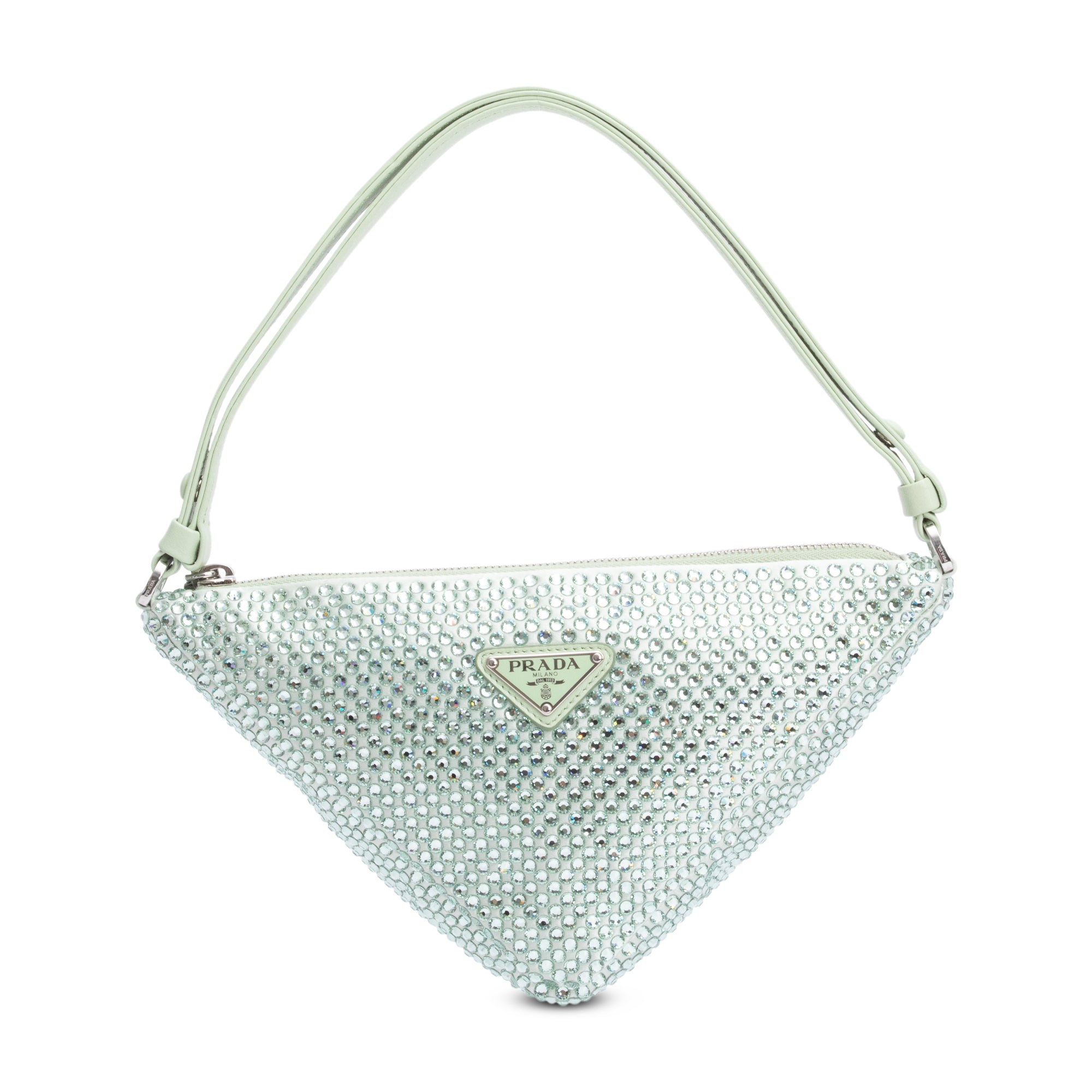 Prada 2022 Green Satin Crystal Enamel Triangle Bag w/ Authenticity Card