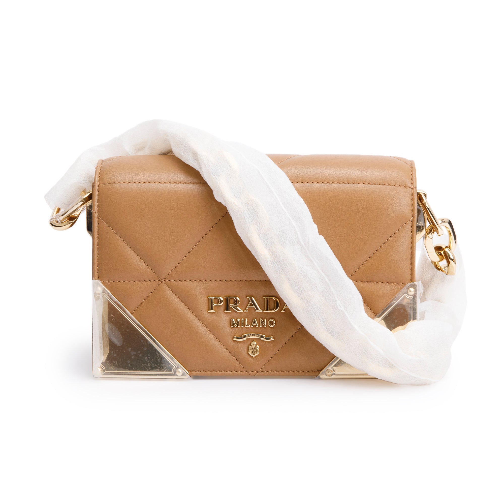 Prada 2024 Beige Quilted Nappa Leather Shoulder Bag w/ Strap, Receipt & Authenticity Card