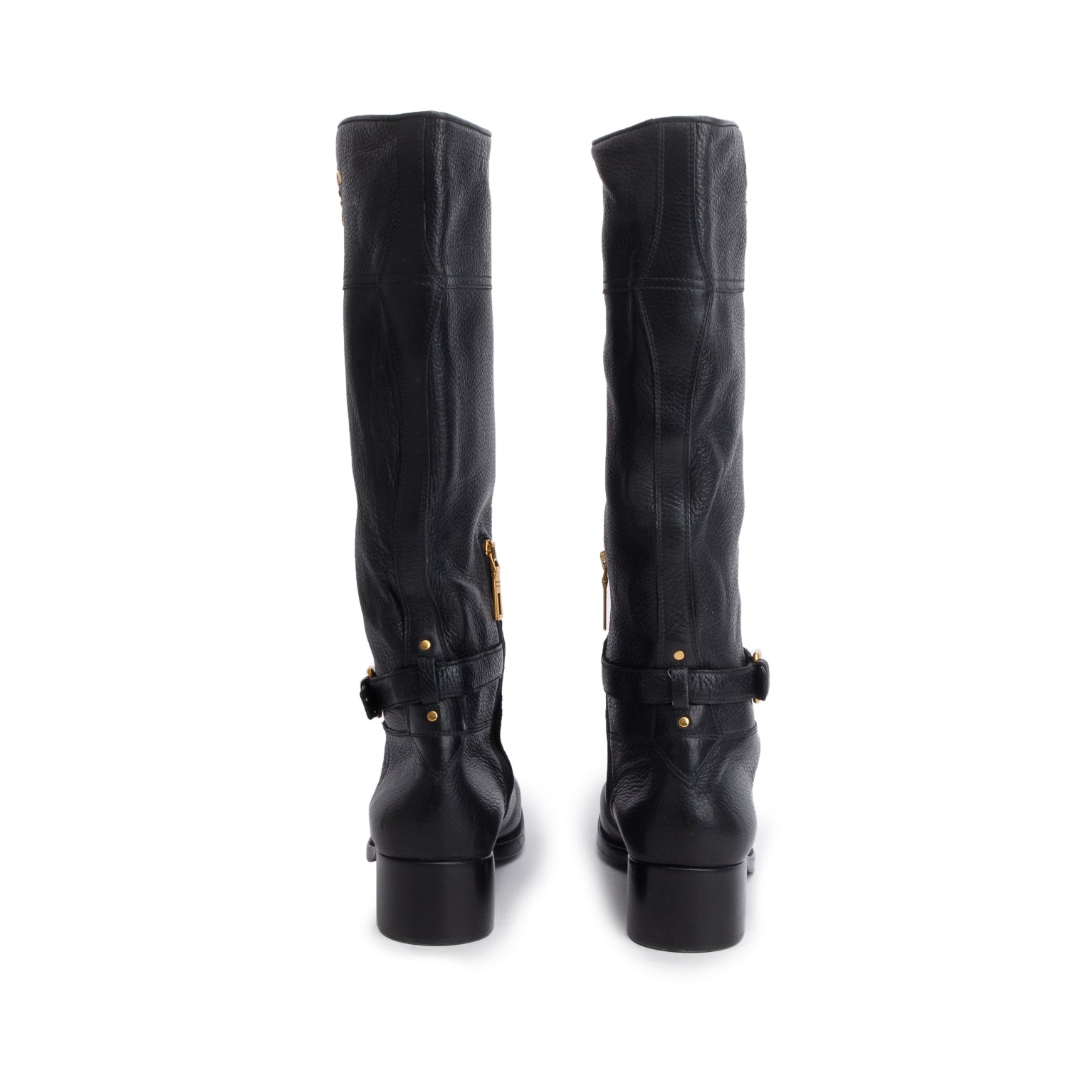 Prada Black Pebbled Leather Riding Boots, Women's Size 42