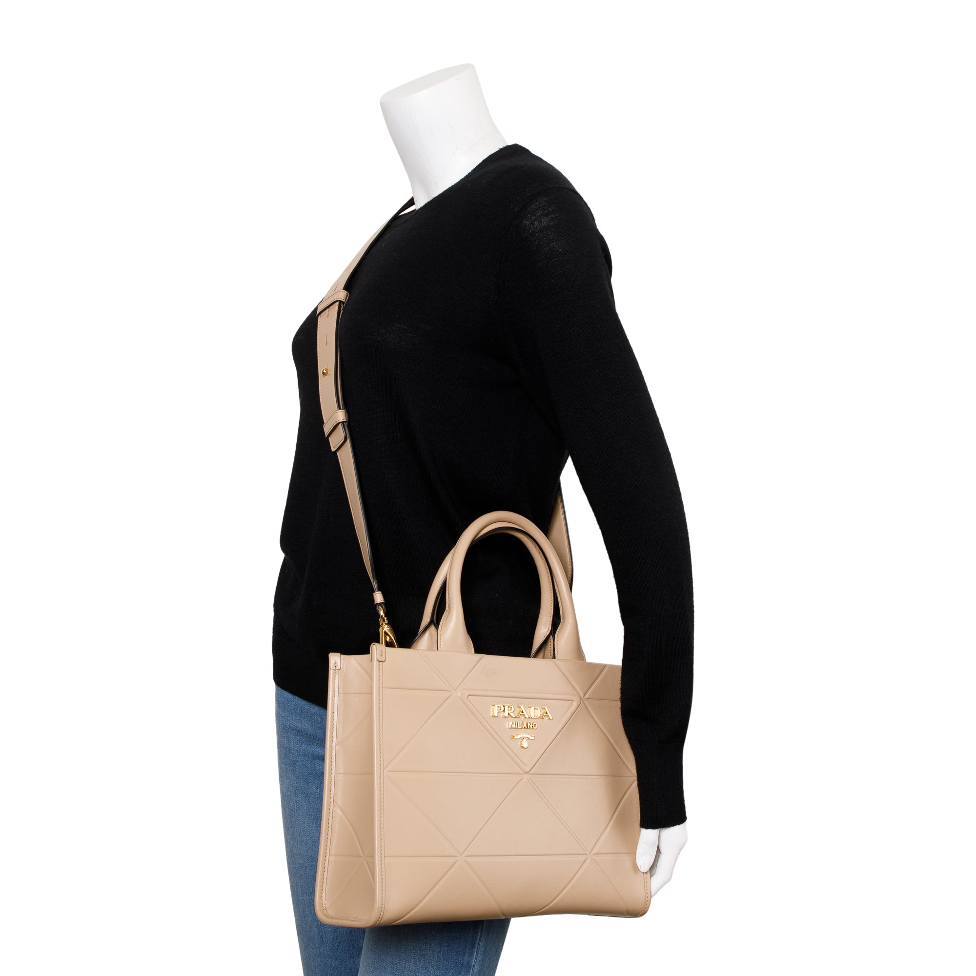 Prada Beige Leather Small Symbole Tote Bag w/ Strap & Box