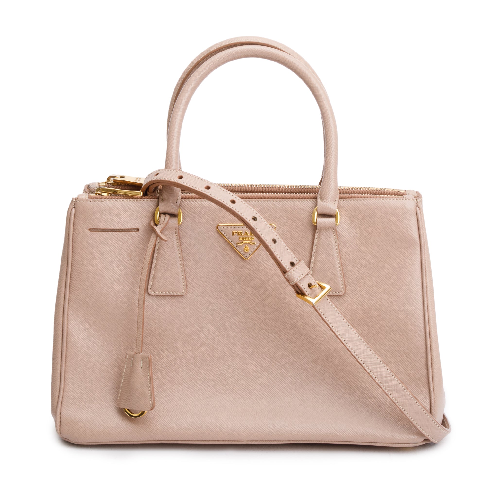 Prada Beige Saffiano Leather Small Double Zip Galleria Tote w/ Strap