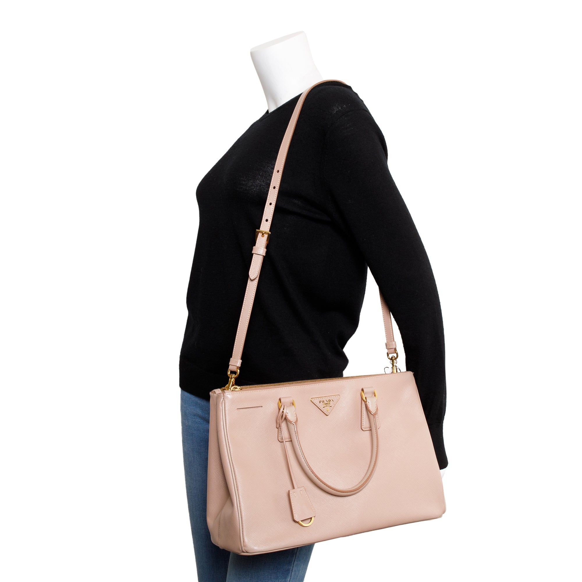 Prada Beige Saffiano Lux Medium Double Zip Galleria Tote w/ Strap