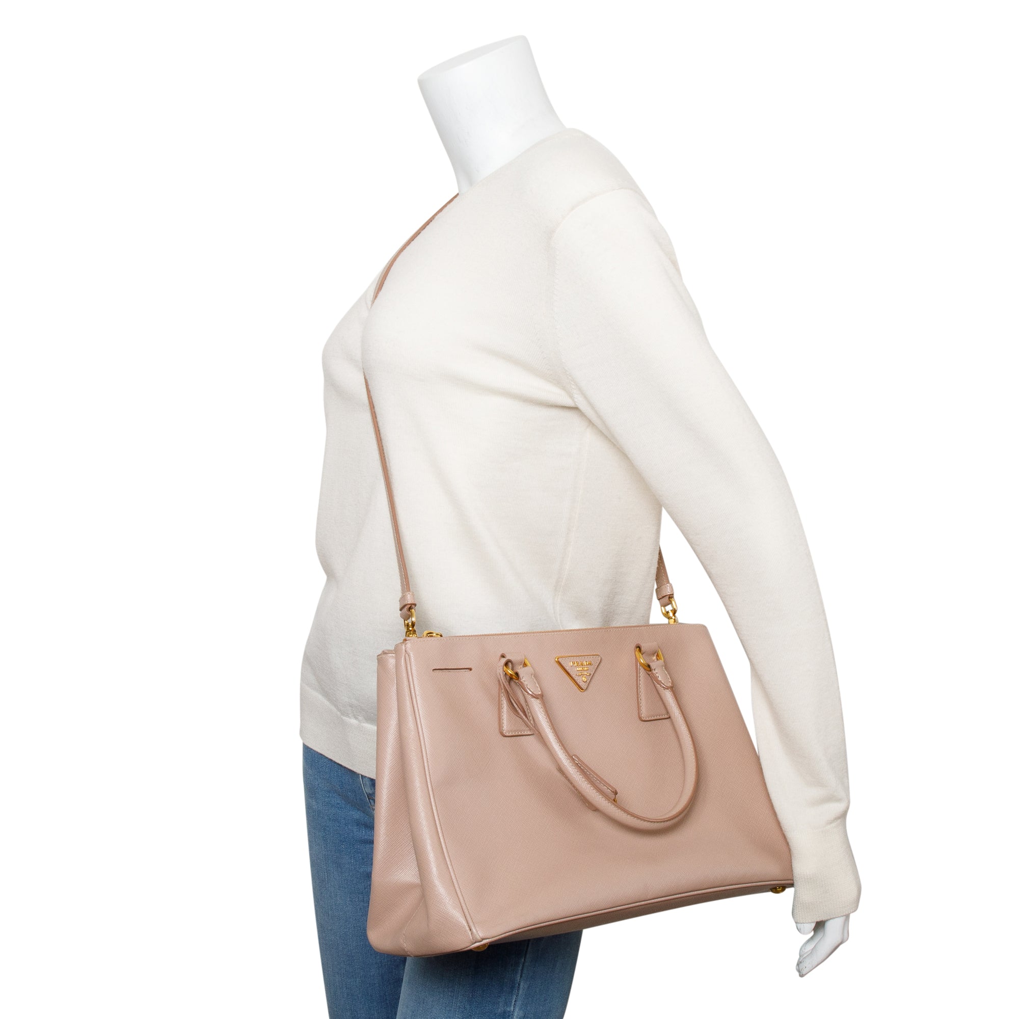Prada Beige Saffiano Lux Medium Double Zip Galleria Tote w/ Strap & Authenticity Card