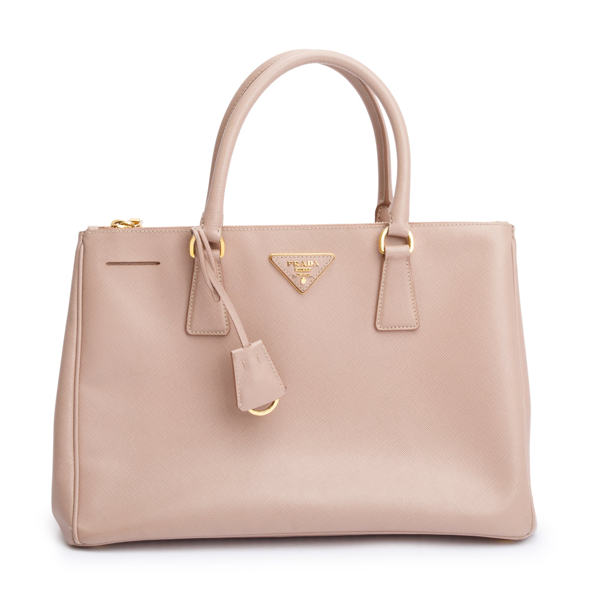 Prada Beige Saffiano Lux Medium Double Zip Galleria Tote w/ Strap & Authenticity Card