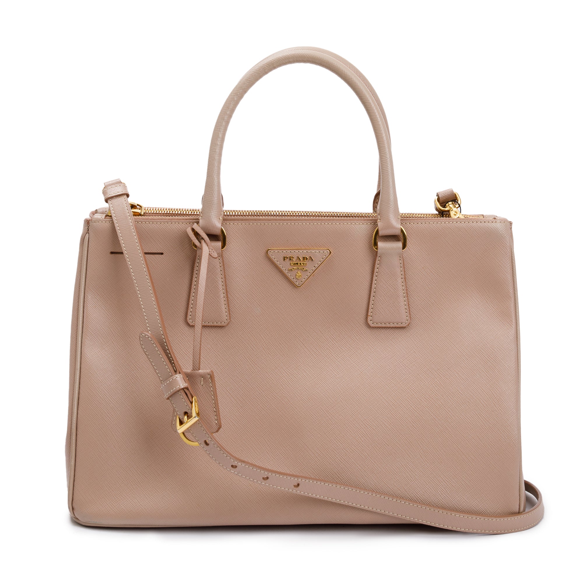 Prada Beige Saffiano Lux Medium Double Zip Galleria Tote w/ Strap