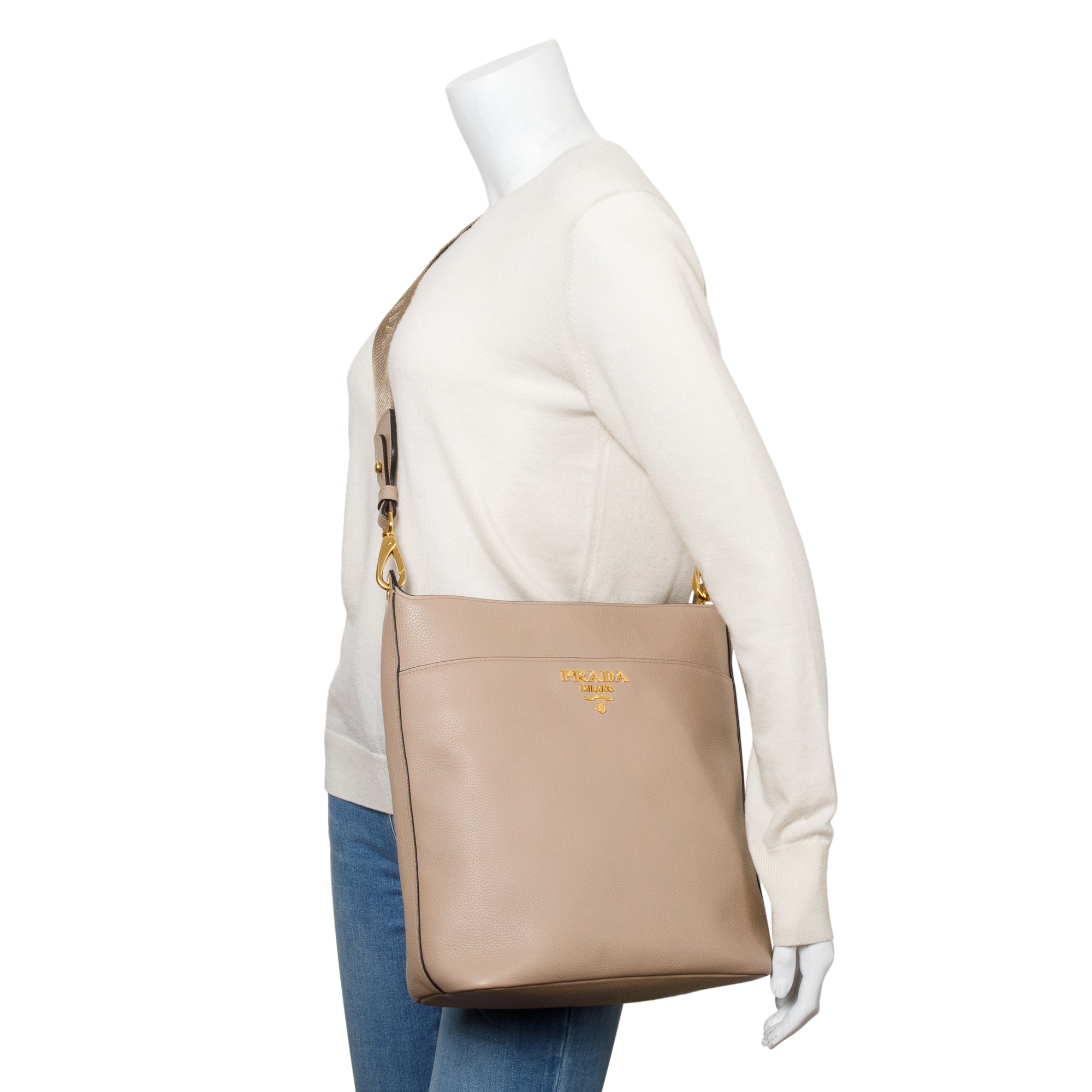 Prada Beige Vitello Daino Hobo Messenger Bag w/ Strap