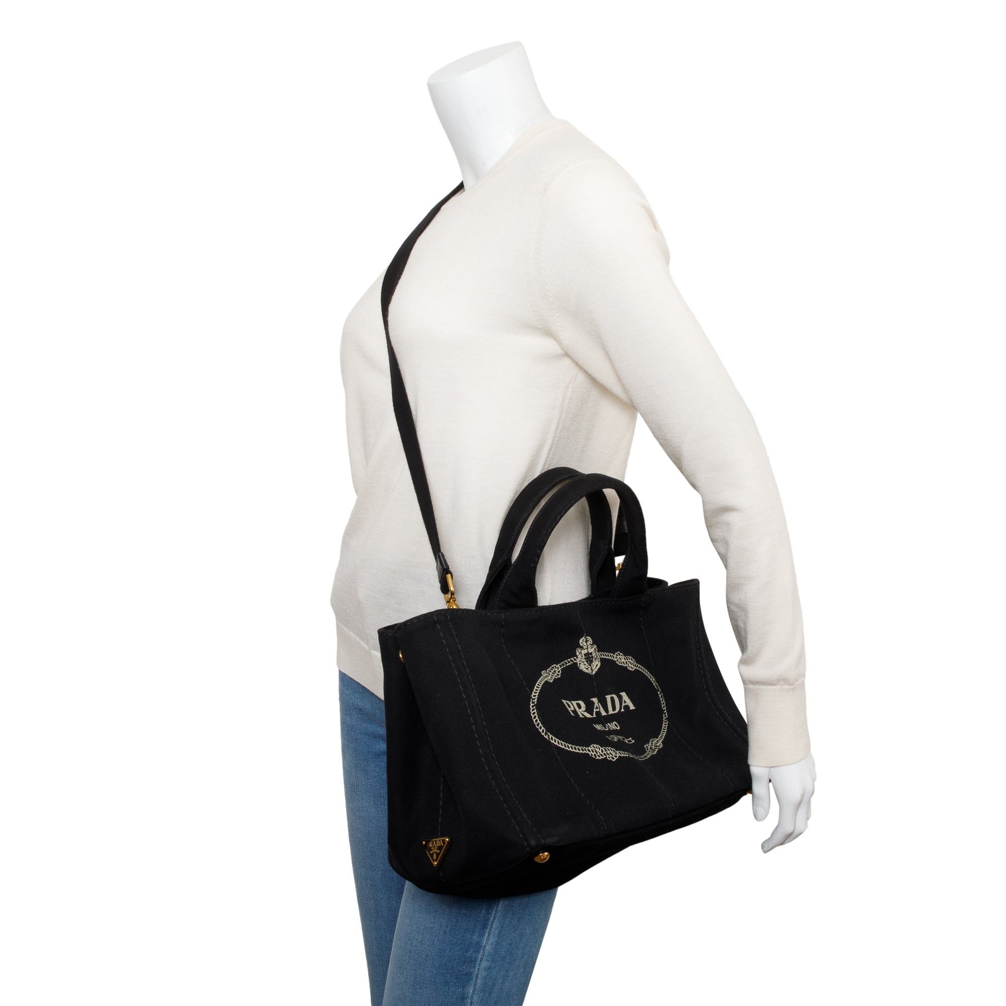Prada Black Canvas Canapa Logo Tote w/ Strap